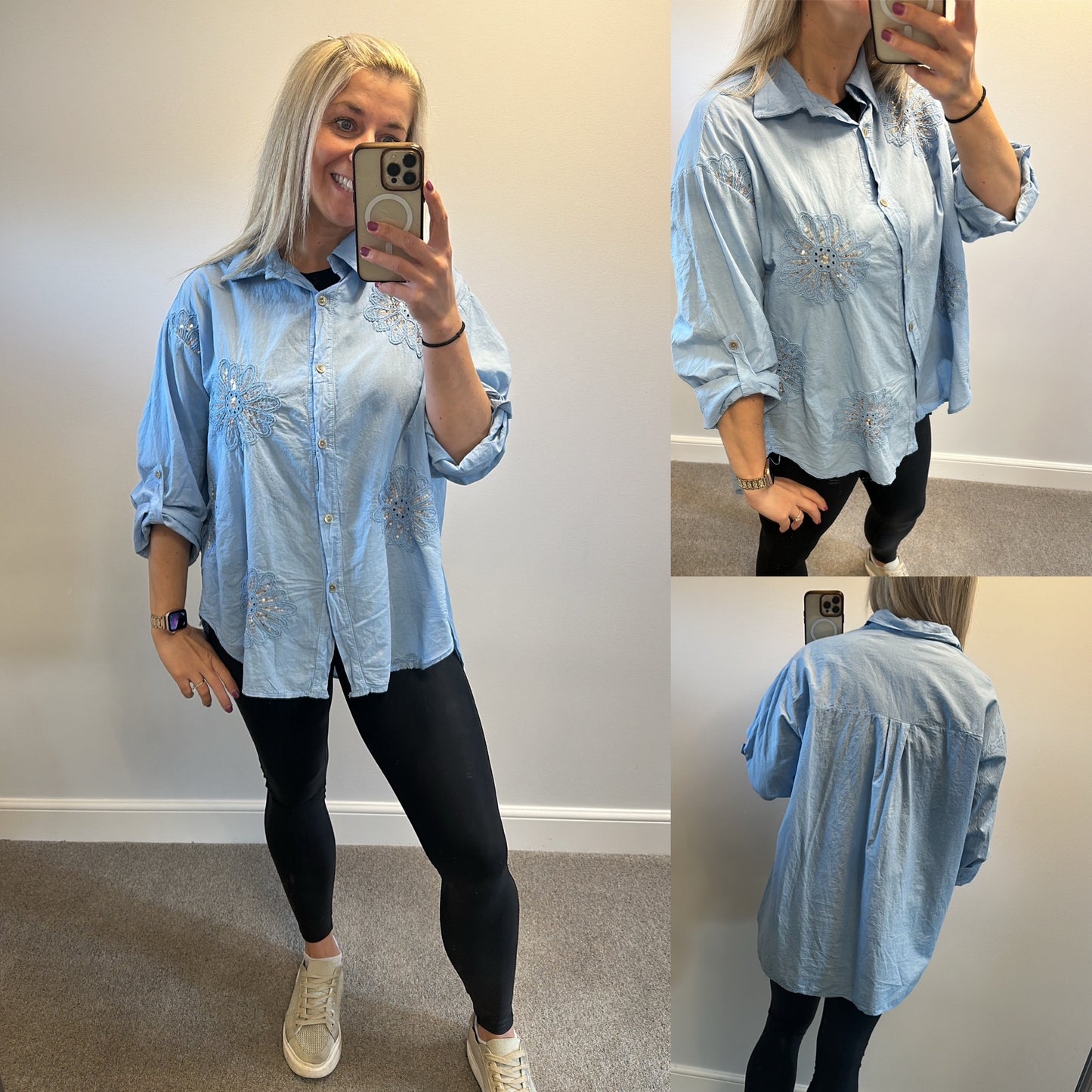 New collection blue sequin flower shirt onesize fitting upto size 18 brand new with tags