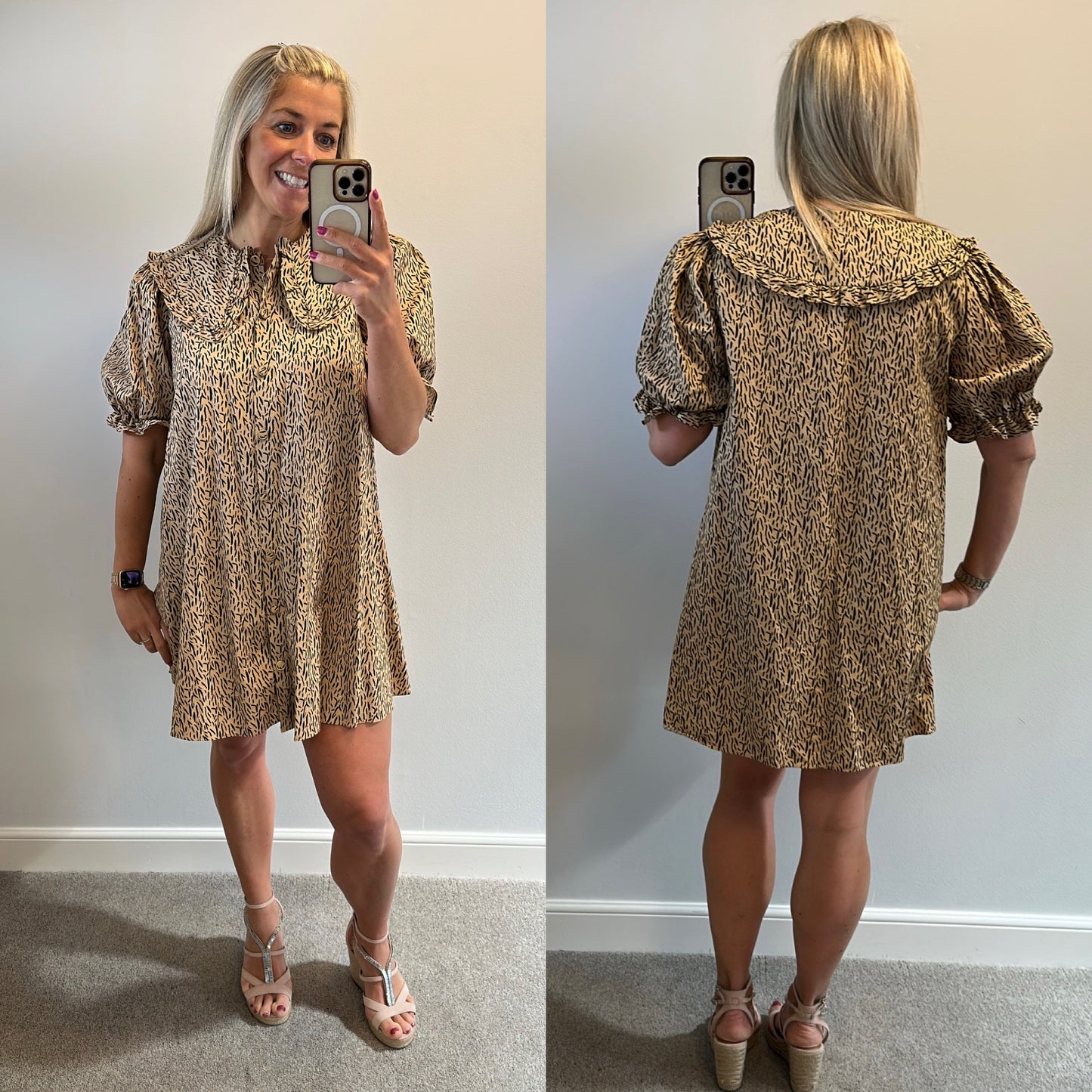 River Island beige print dress would fit up to size 14