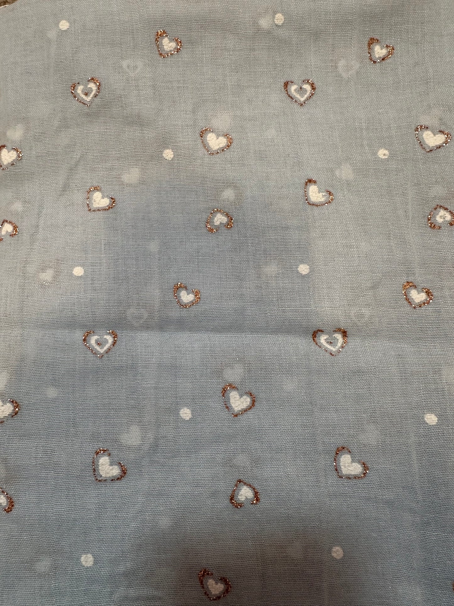 Baby blue gold shimmer heart cotton scarf