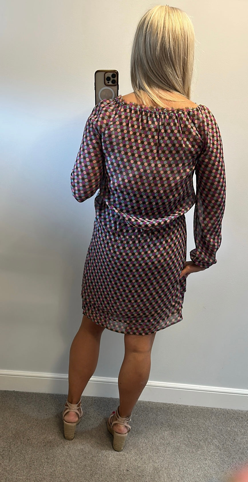 Whiite khaki polka dot sheer silk dress size 12