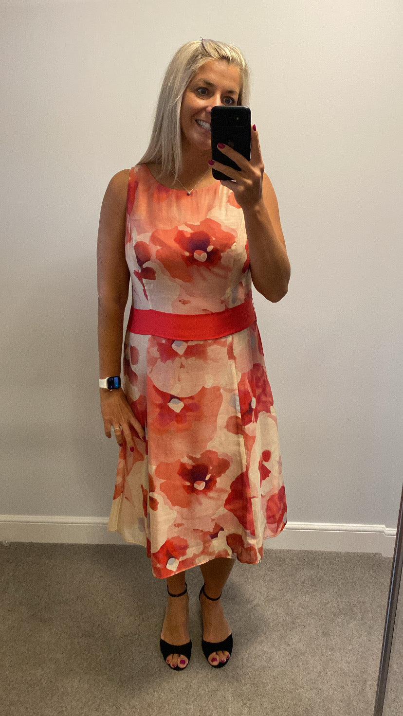 Kaliko red coral orange floral dress size 16