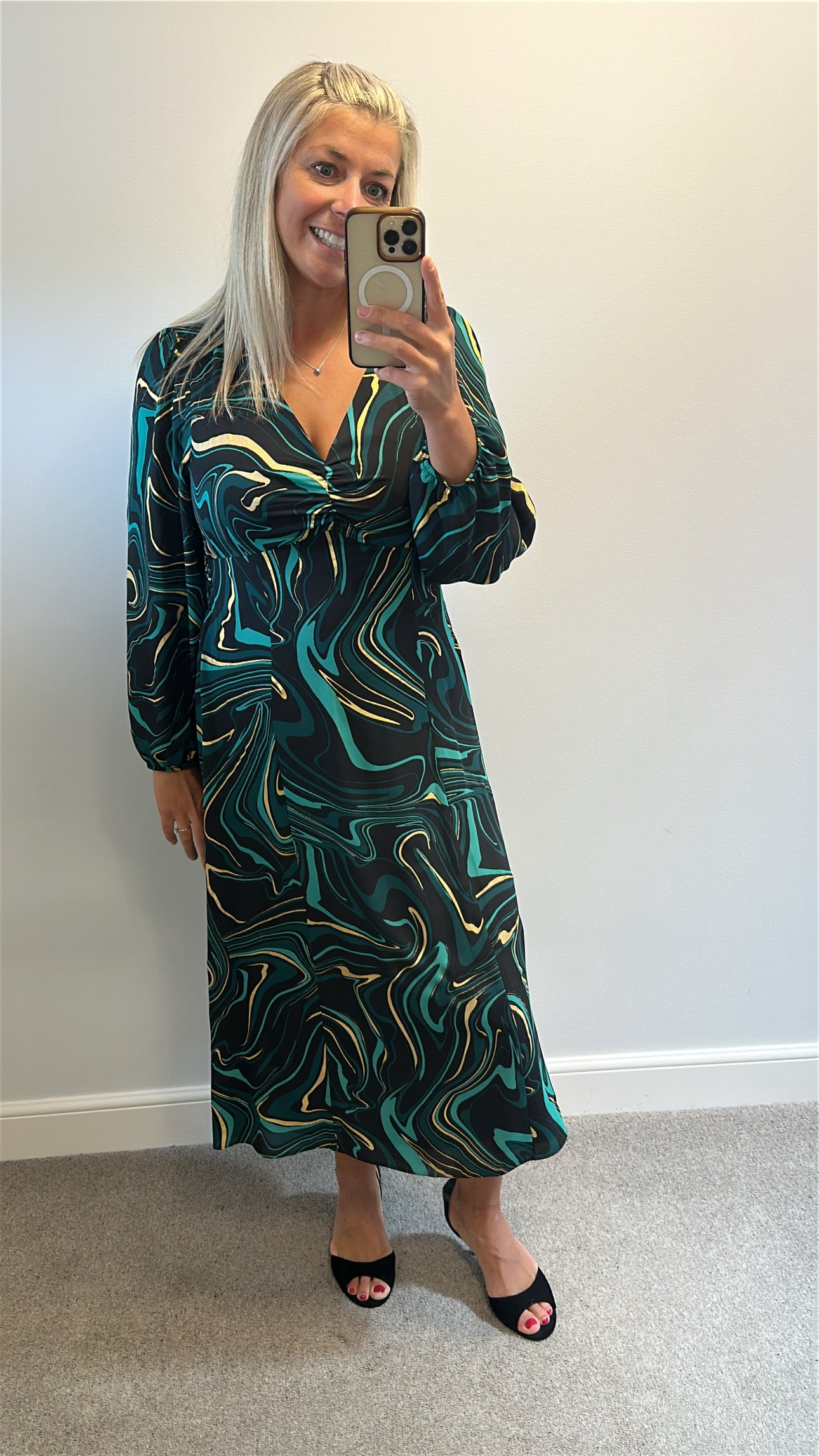 Roman black Emerald green and gold print dress size 12