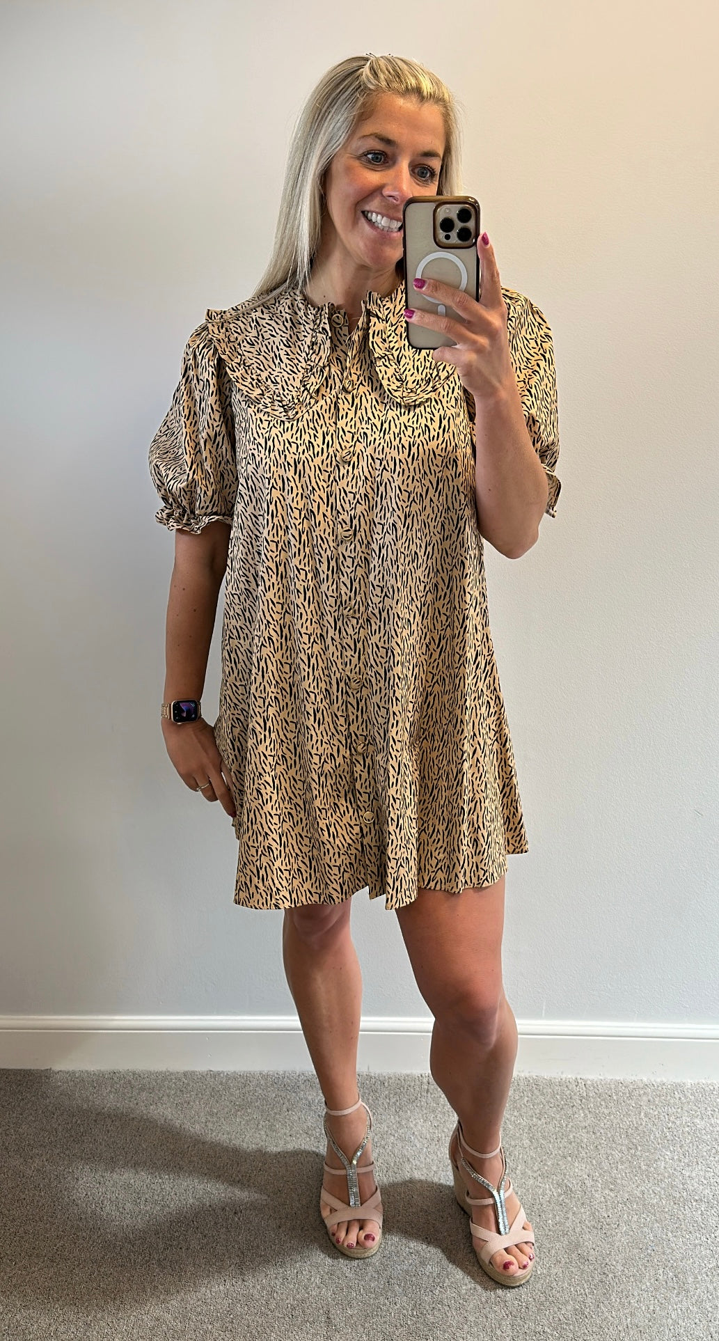 River Island beige print dress would fit up to size 14