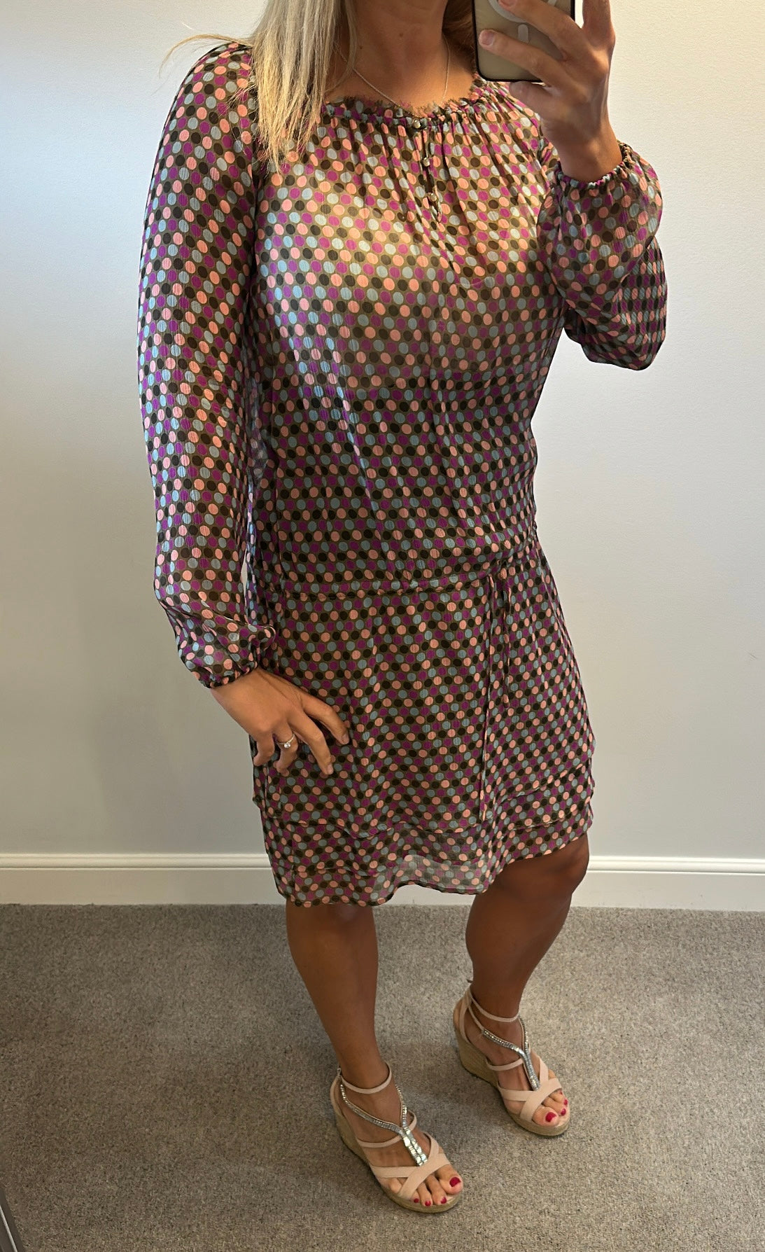 Whiite khaki polka dot sheer silk dress size 12