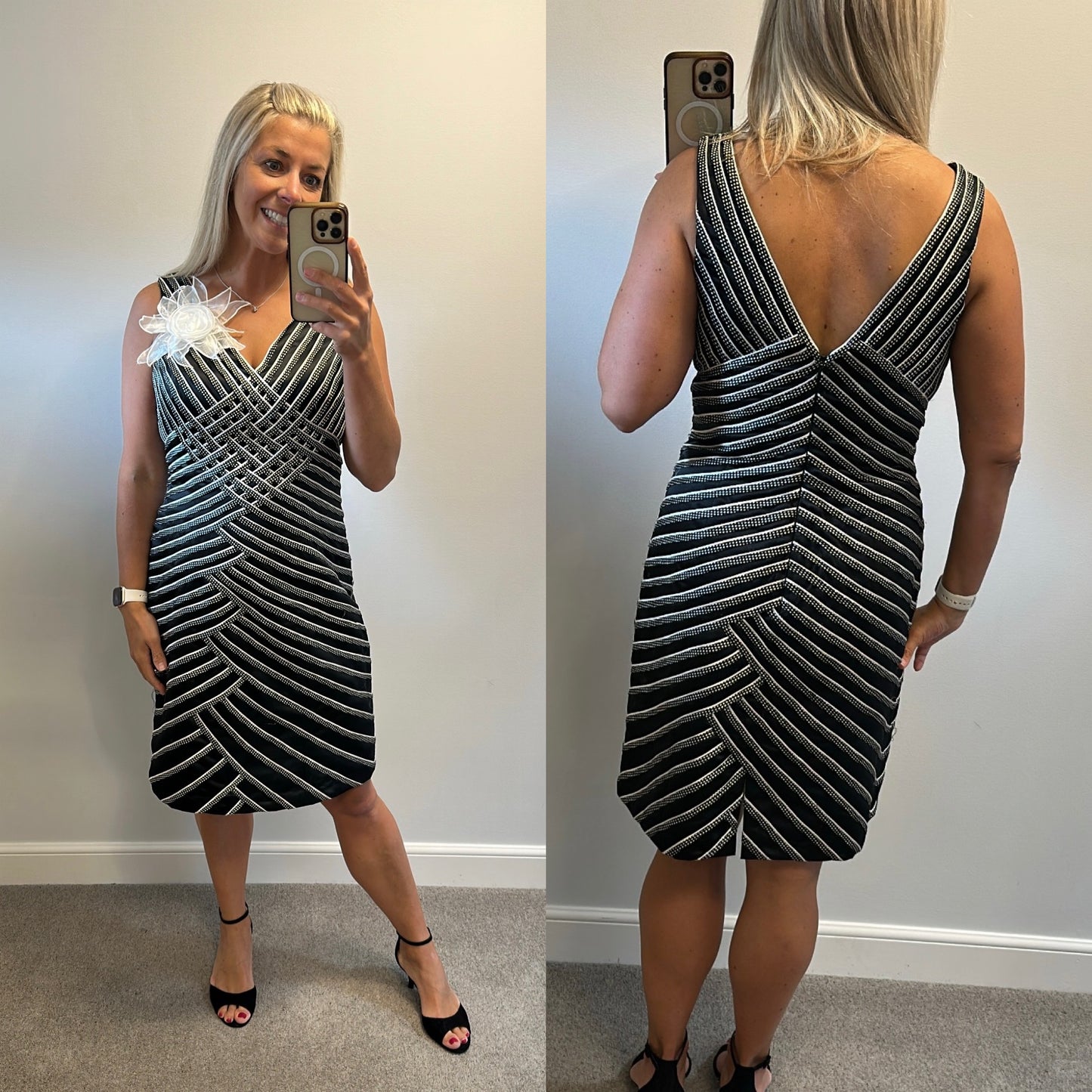 Sonia Pena Black and white stripe dress and jacket size 12 with shawl