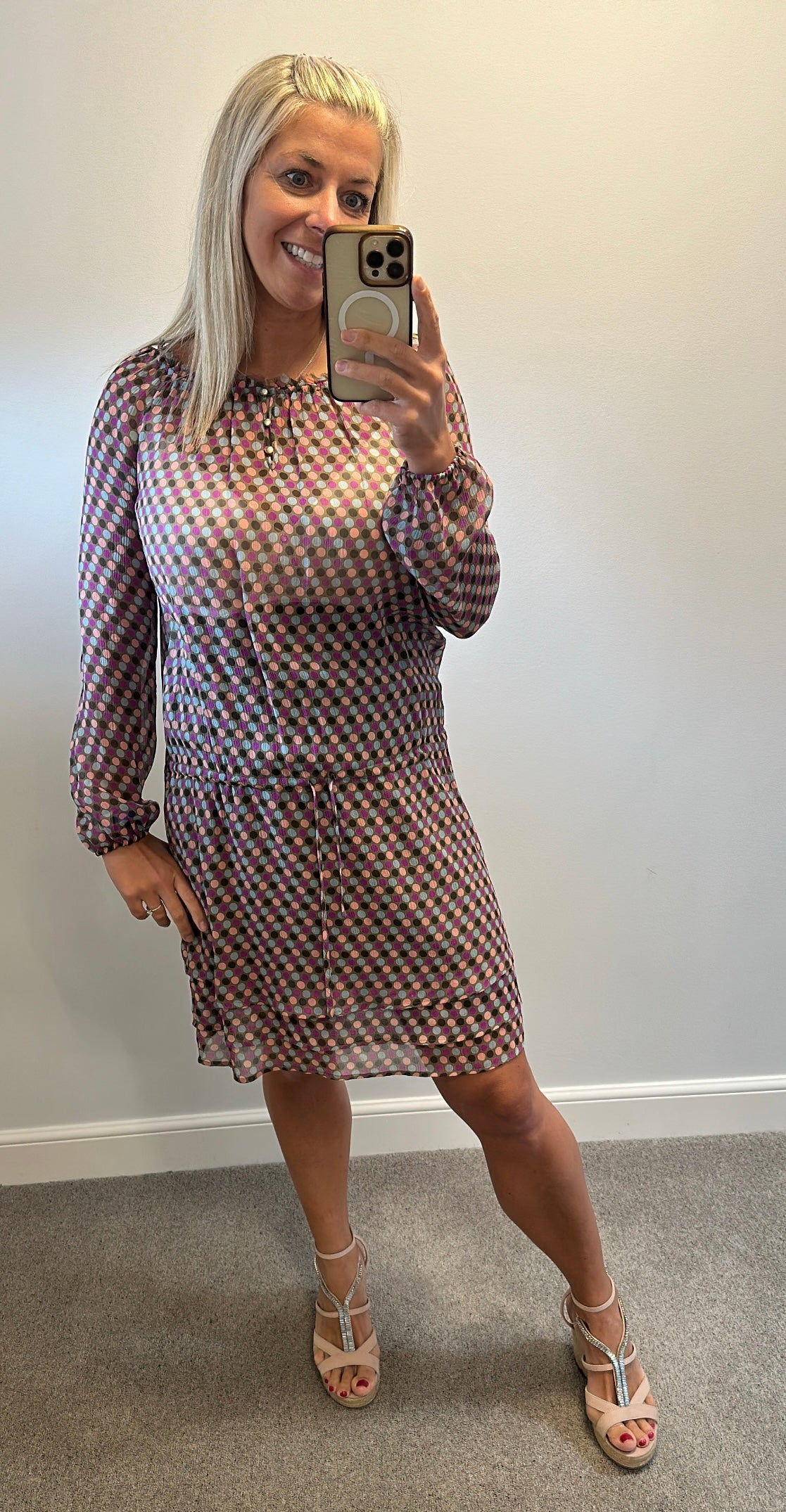 Whiite khaki polka dot sheer silk dress size 12