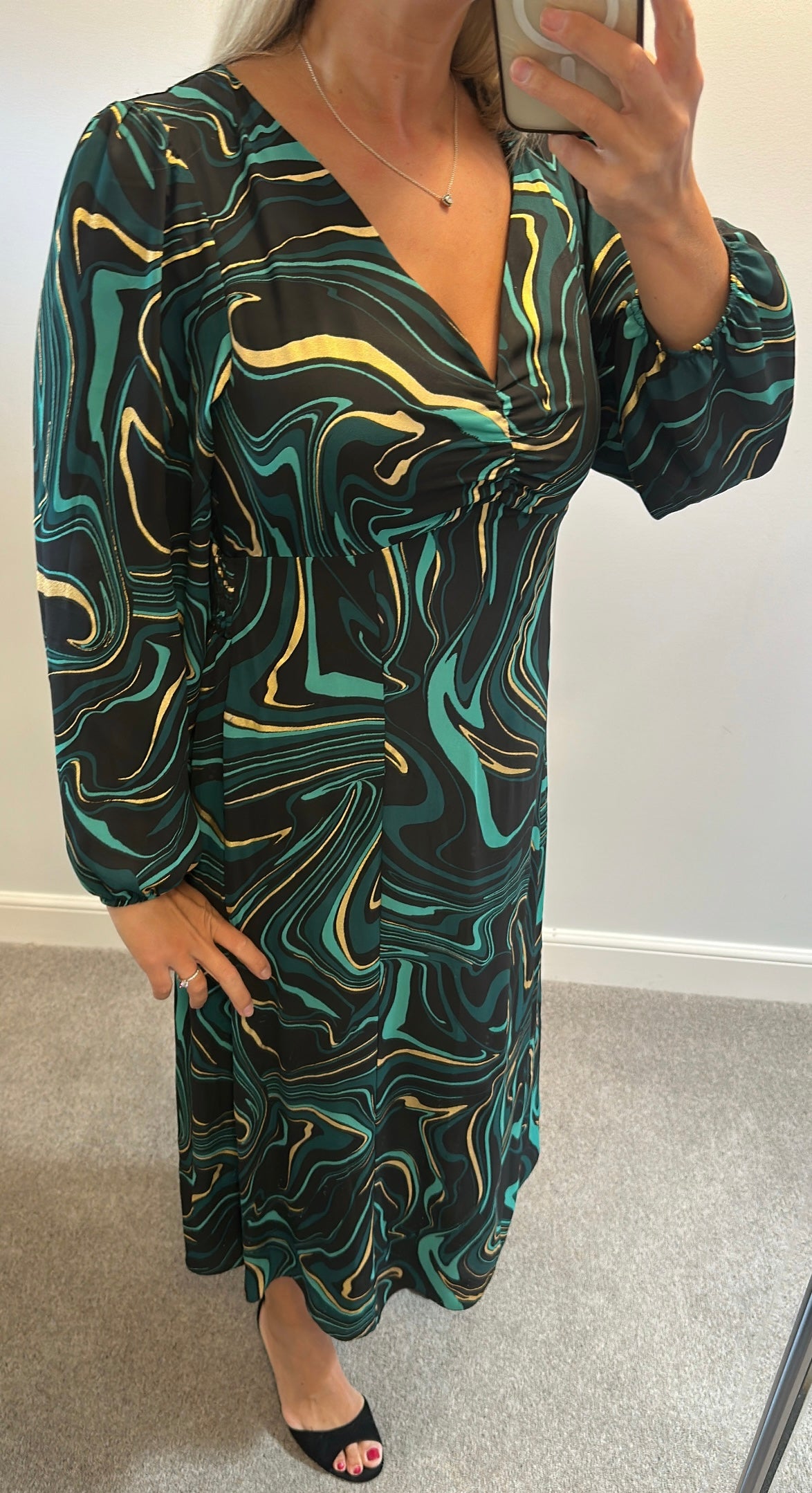 Roman black Emerald green and gold print dress size 12
