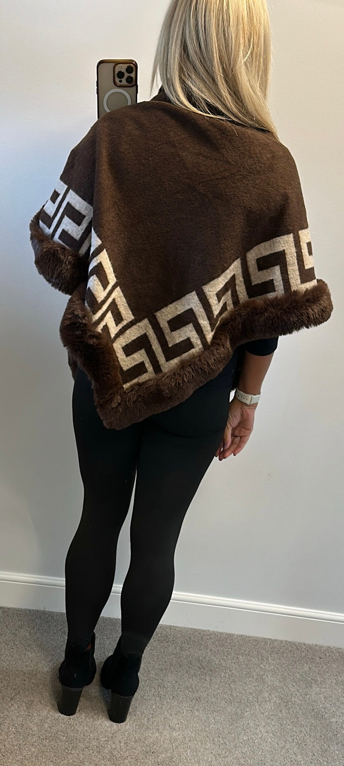 Brown print soft faux fur poncho brand new with tags