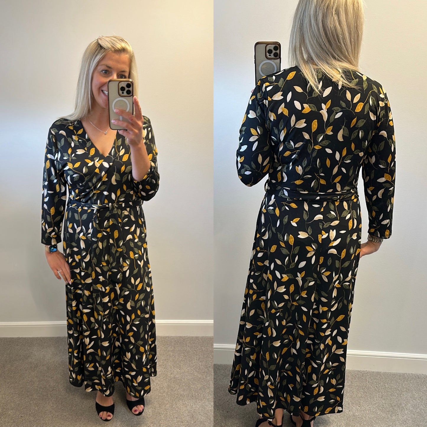 Apricot black wrap style dress size 16
