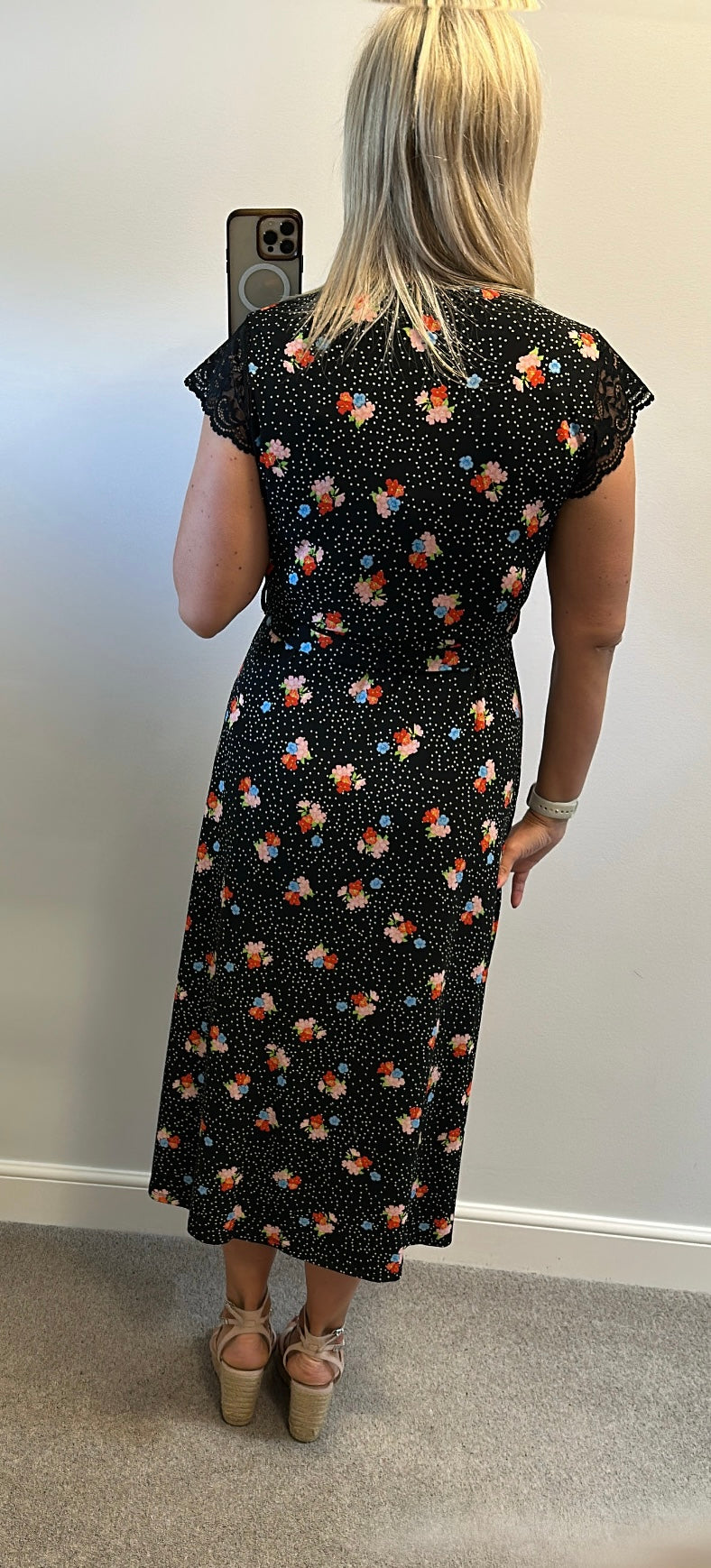 Black floral polka dot dress one size fitting upto size 16