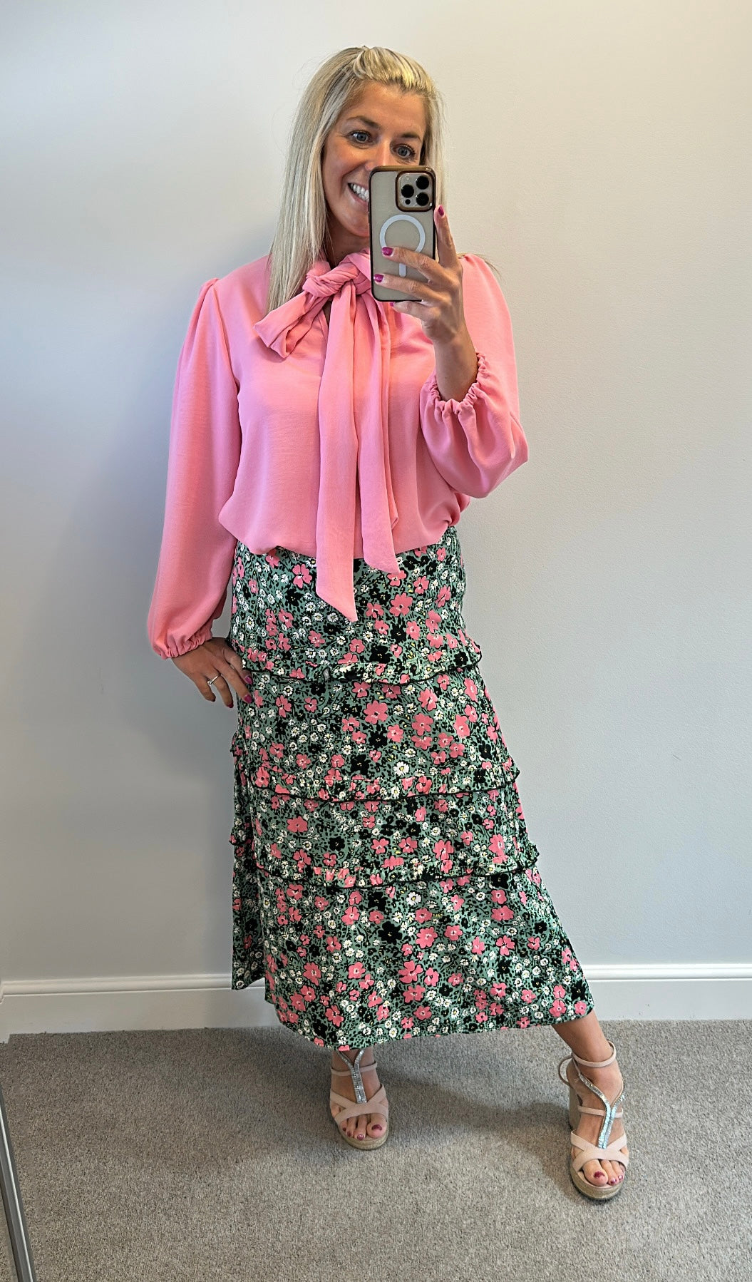 Oliver Bonas green and pink floral skirt size 12