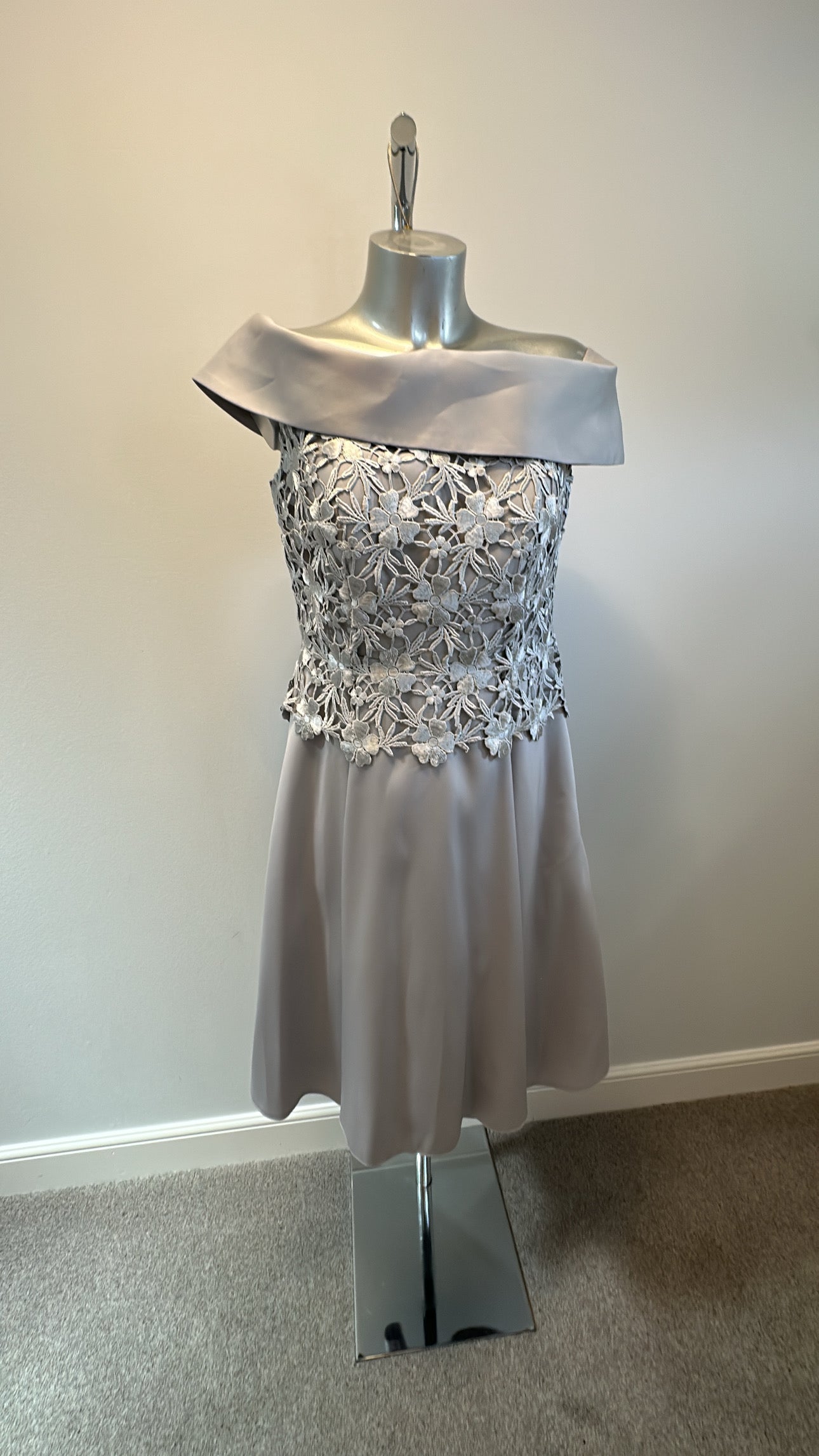 Sonia Pena silver grey lace occasional off shoulder dress