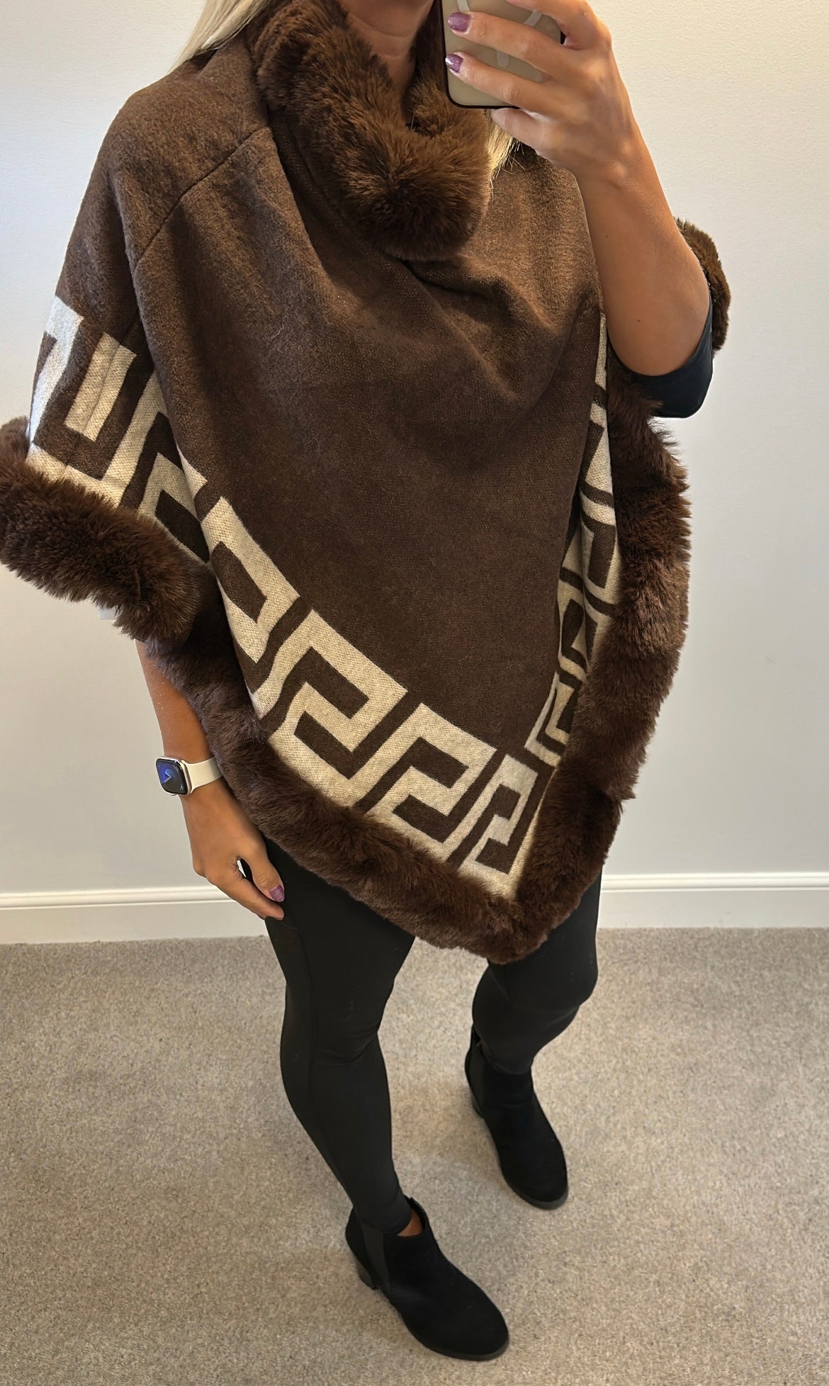 Brown print soft faux fur poncho brand new with tags