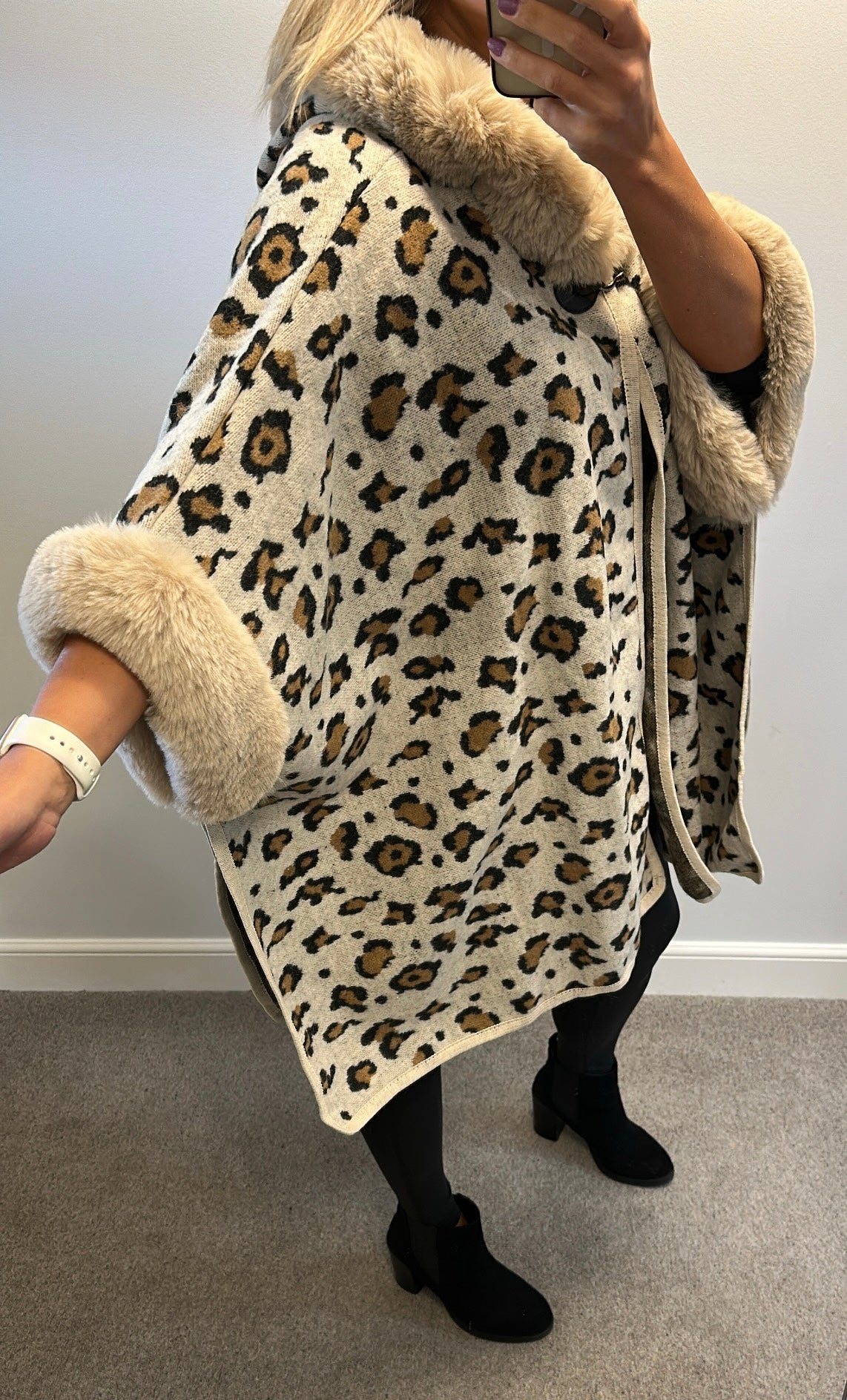 Cream animal print soft faux fur cape