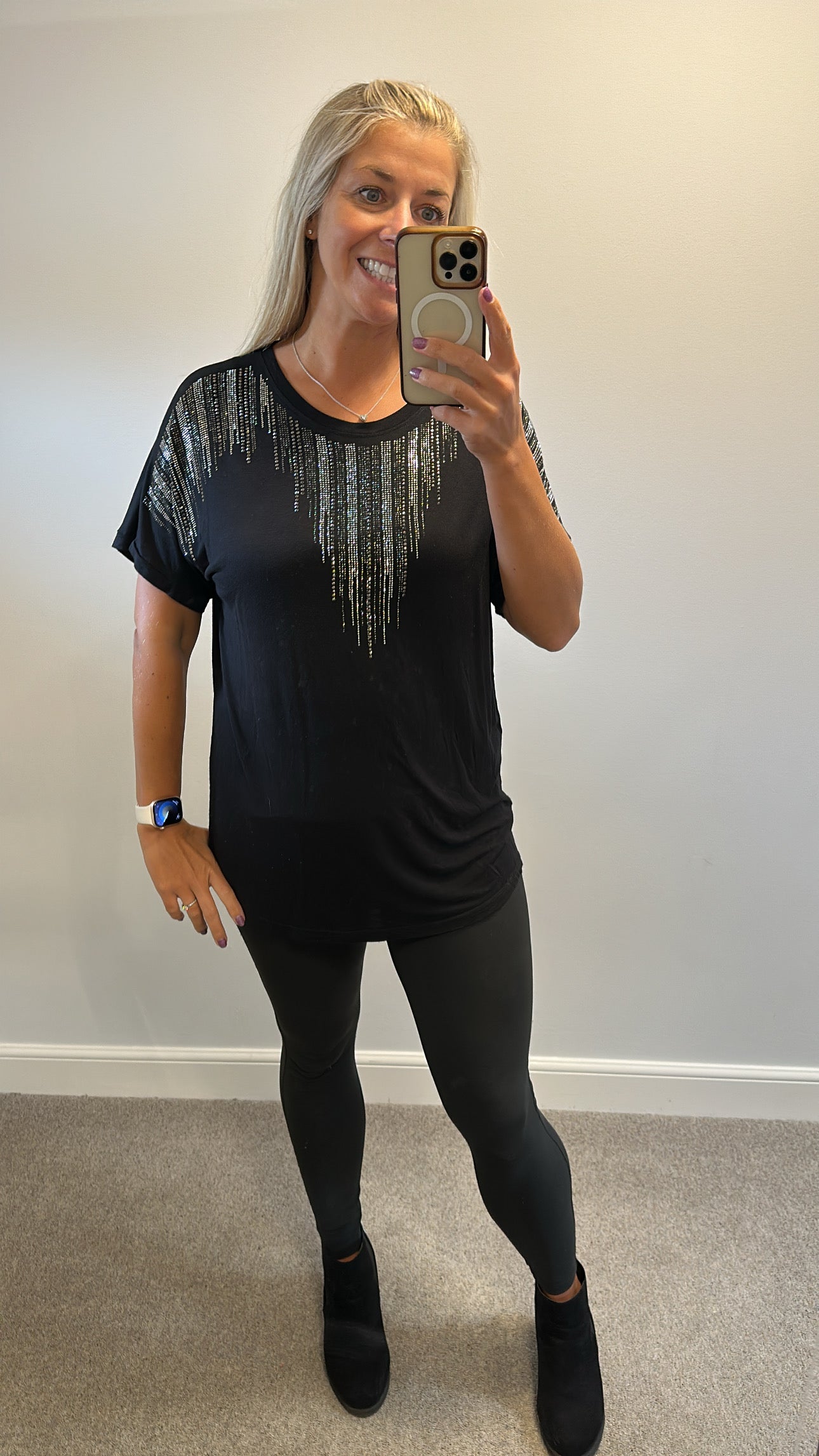 Misumi black embellished tshirt would fit upto size 16
