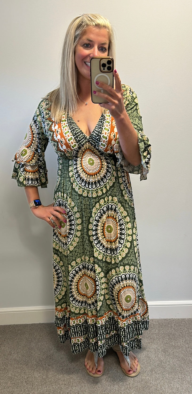 Green and orange print maxi dress one size fitting upto size 14
