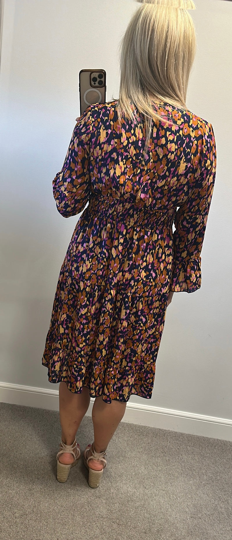 Navy Multi coloured print dress size L would fit upto size 14