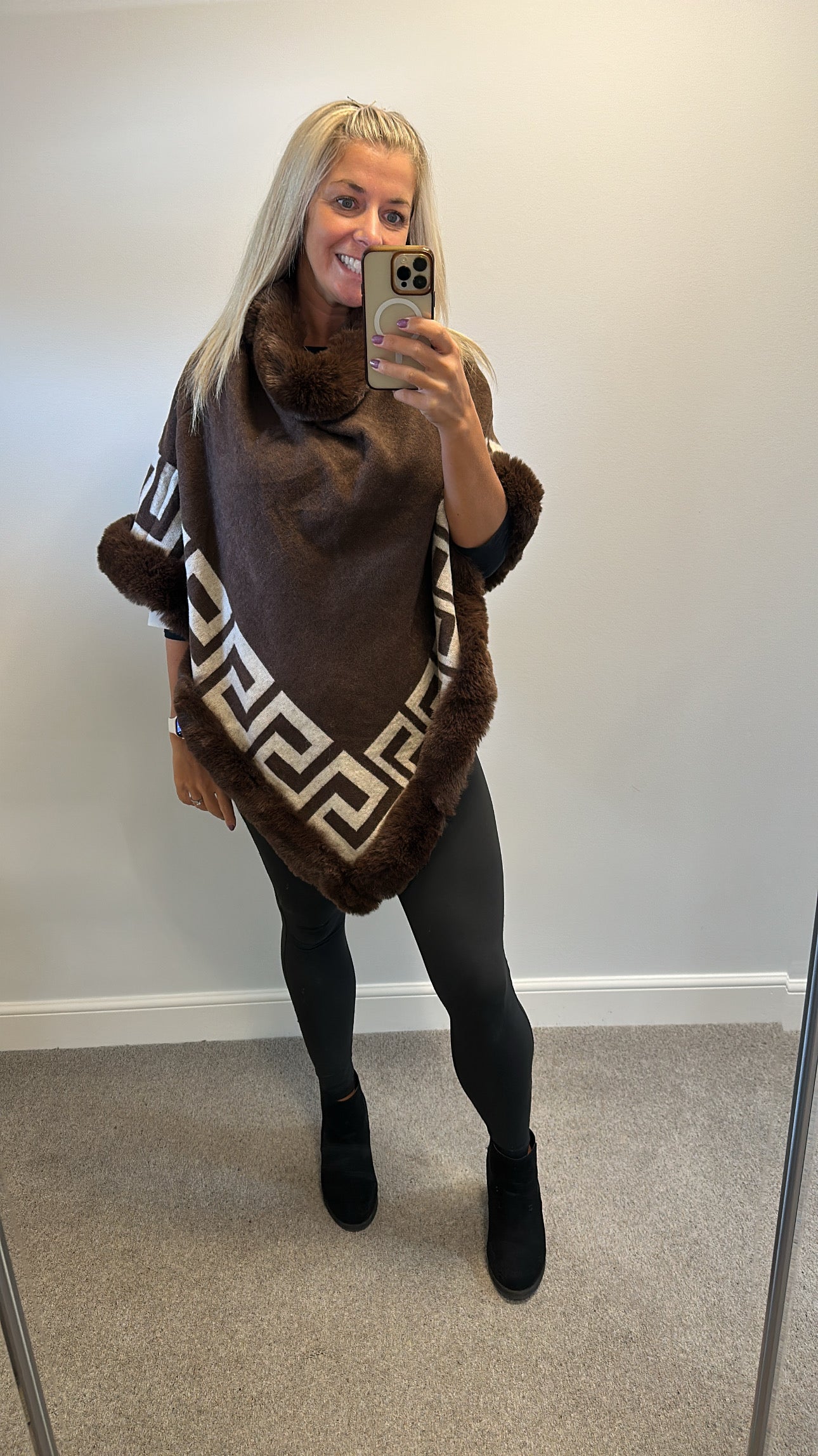 Brown print soft faux fur poncho brand new with tags