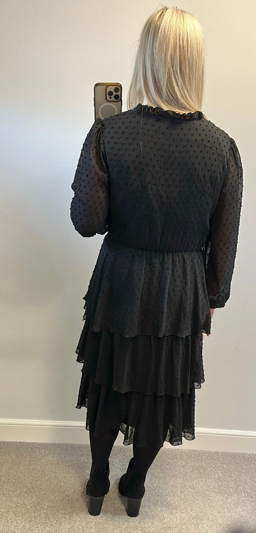 JD Williams black pearl button ruffle dress size 14