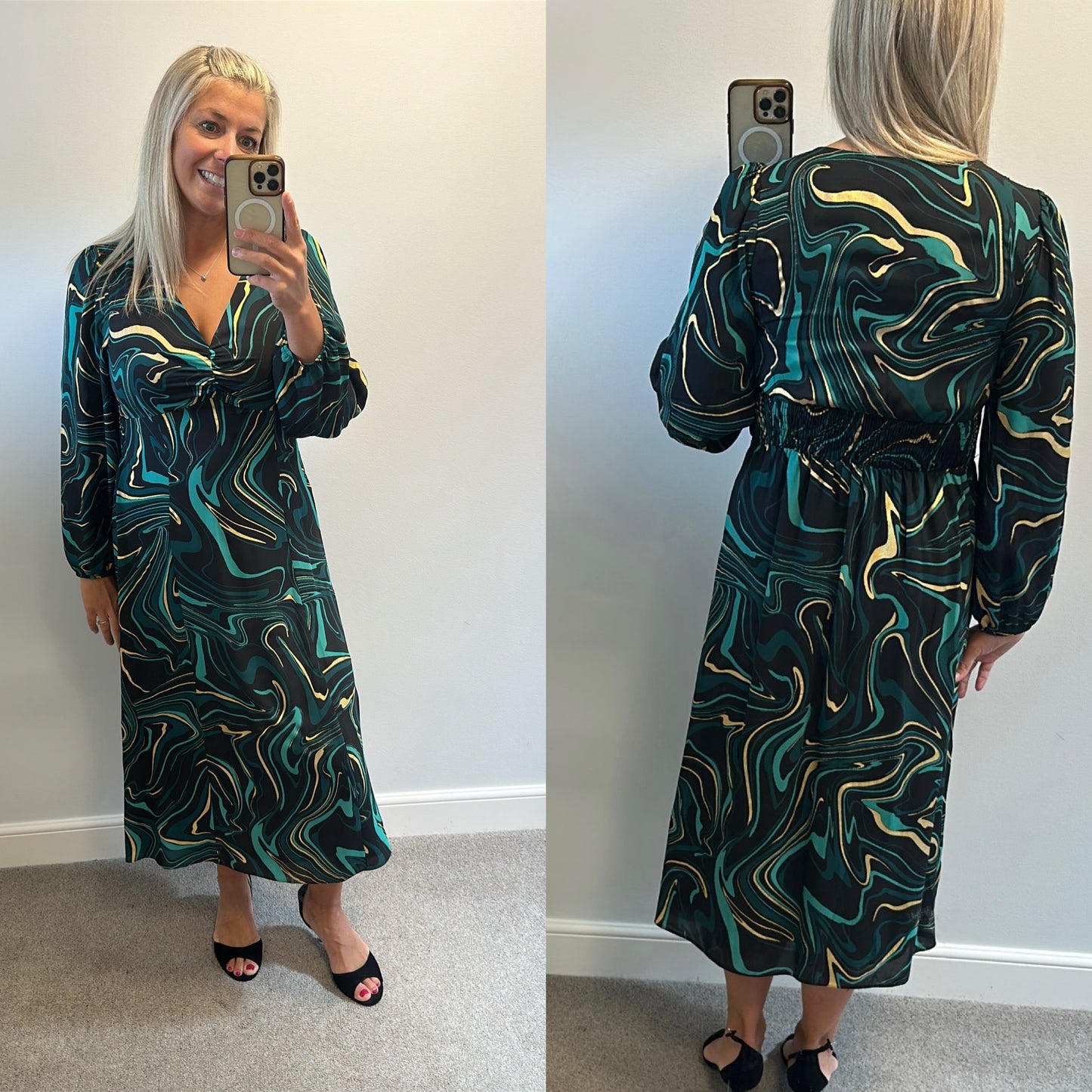 Roman black Emerald green and gold print dress size 12