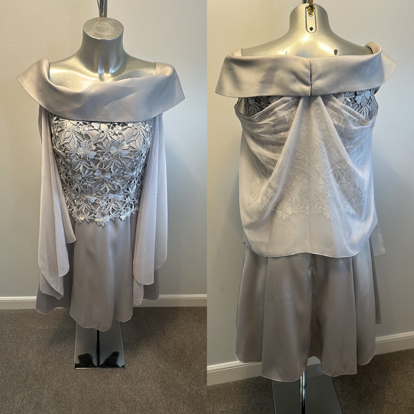 Sonia Pena silver grey lace occasional off shoulder dress