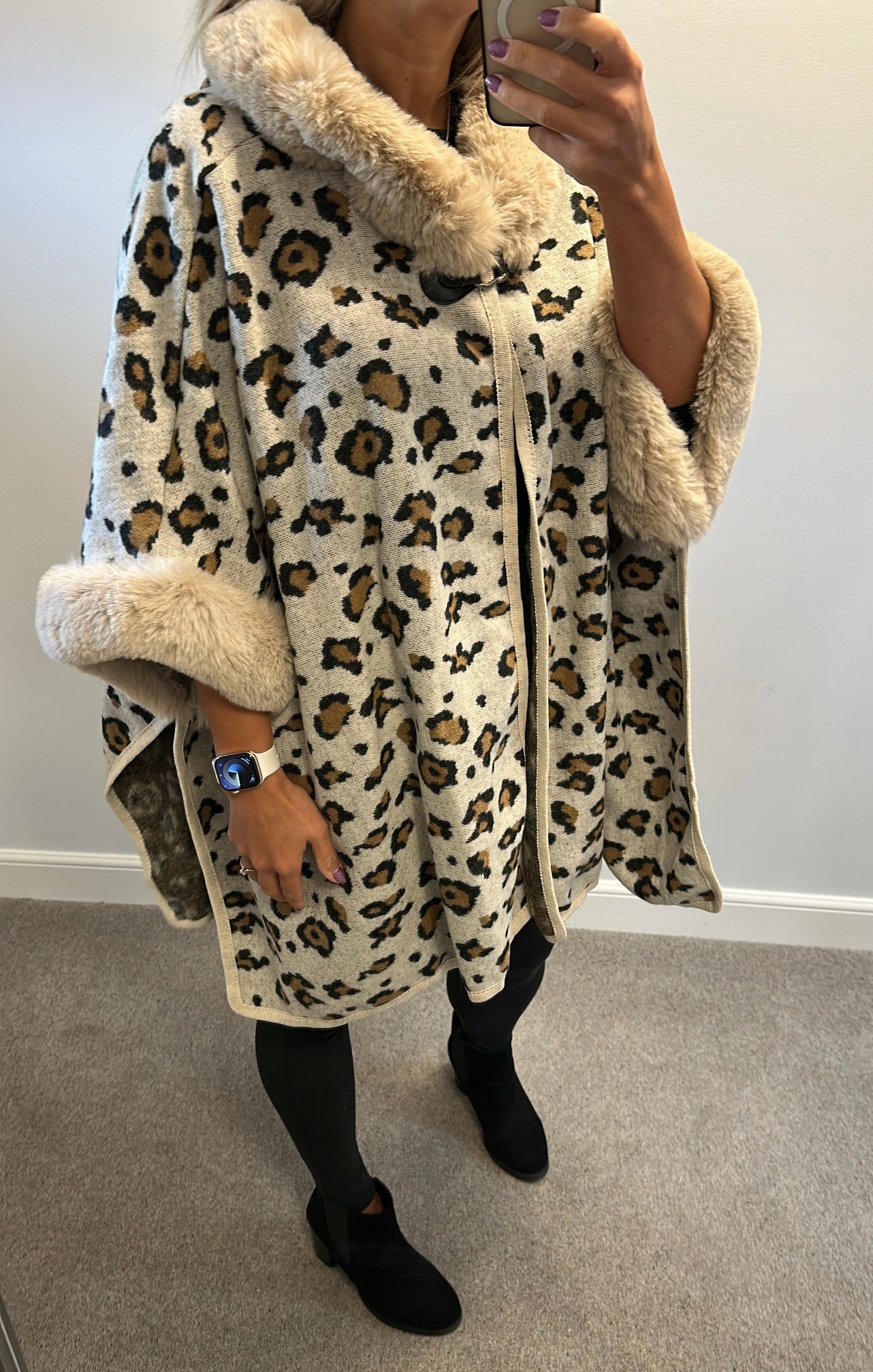 Cream animal print soft faux fur cape