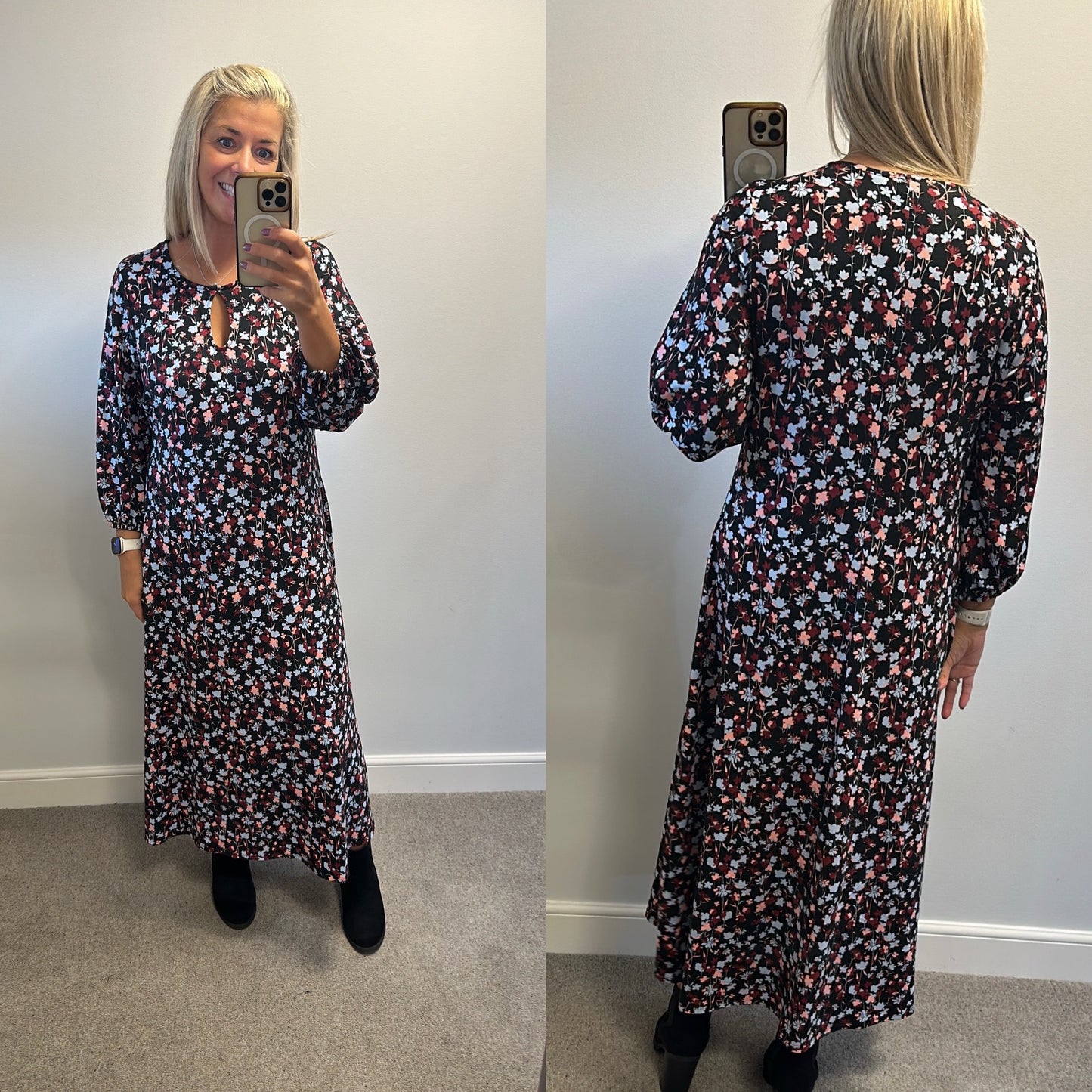 JD Williams black floral print dress size 16