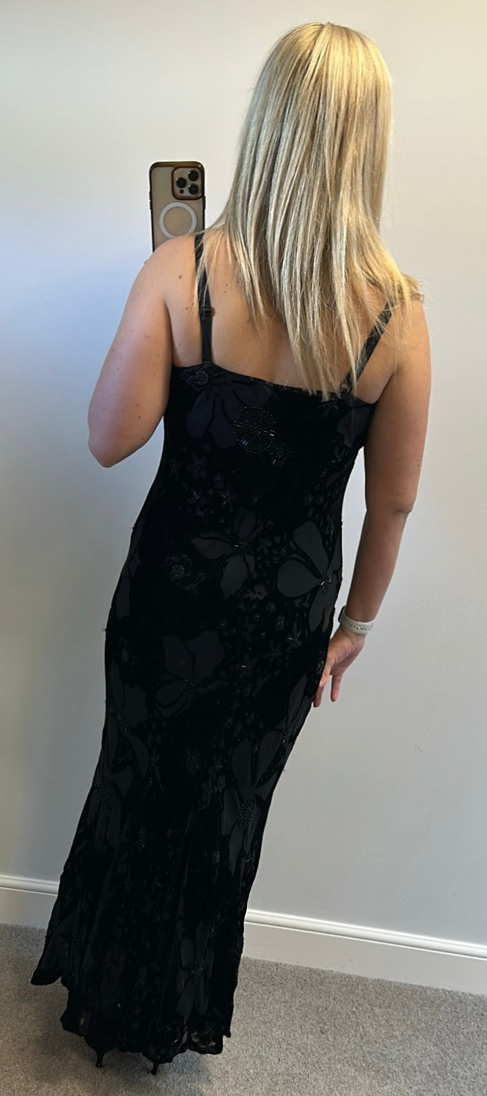 East Black velvet beaded evening dress small size 16