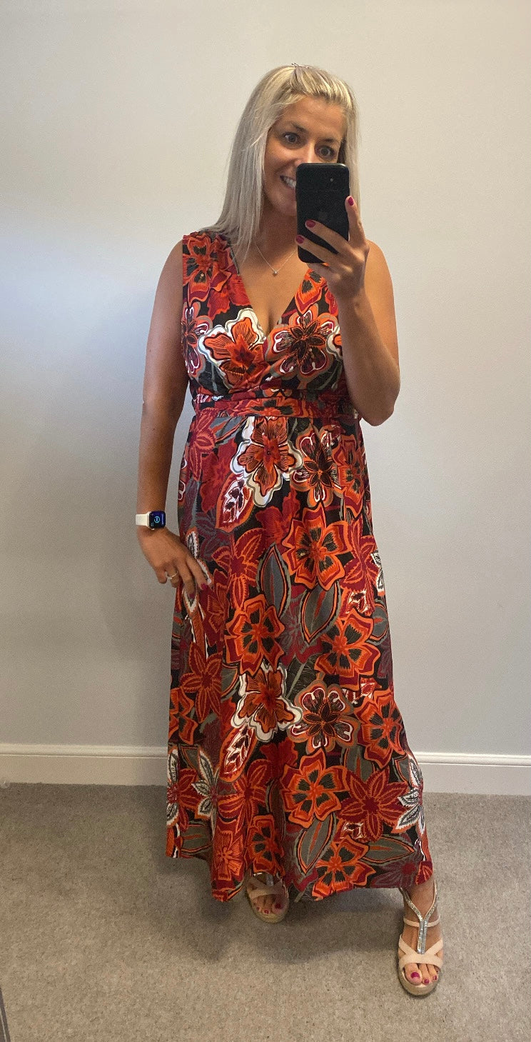 The collection orange / burgundy floral print maxi dress size 16