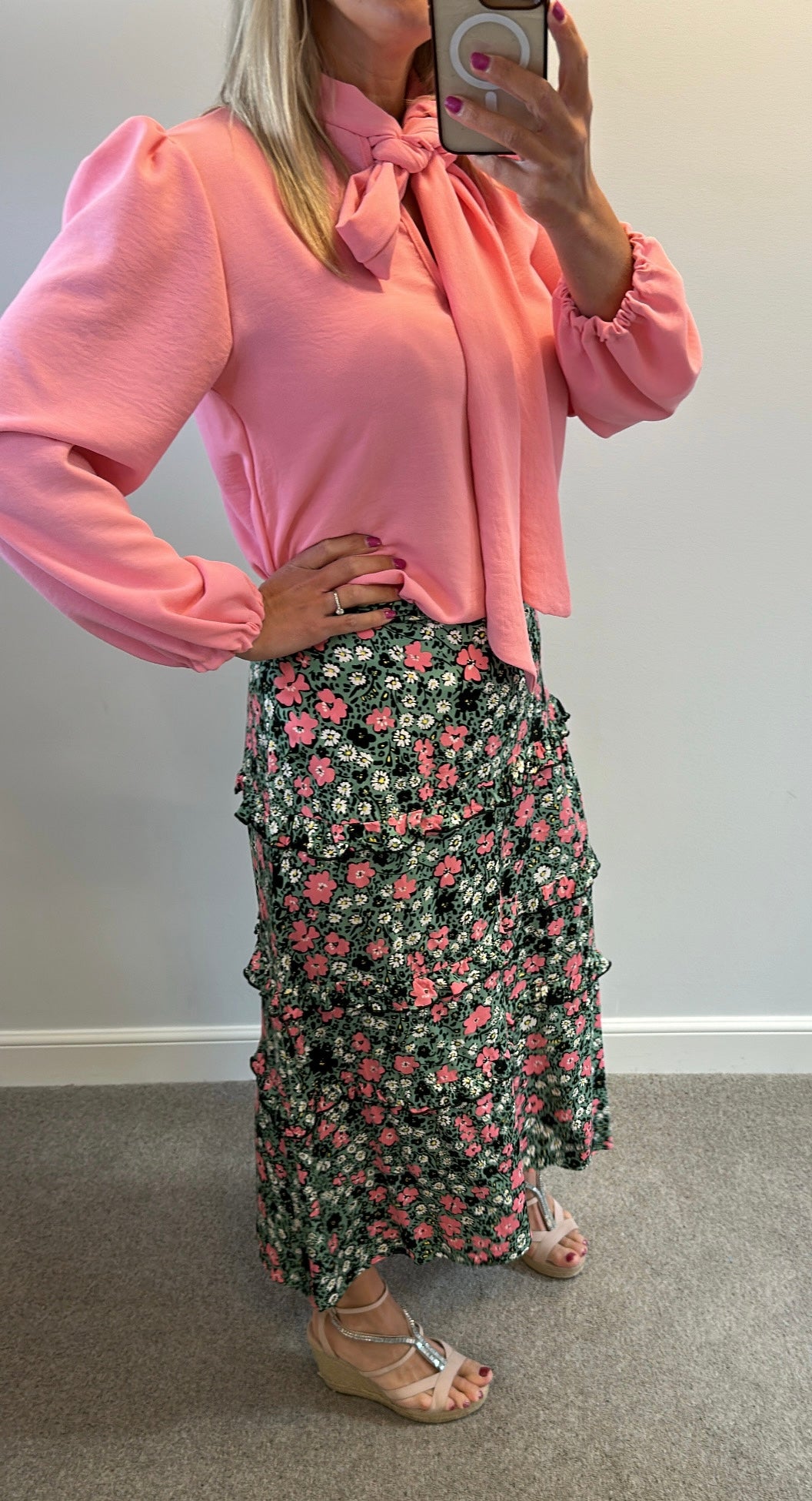 Oliver Bonas green and pink floral skirt size 12
