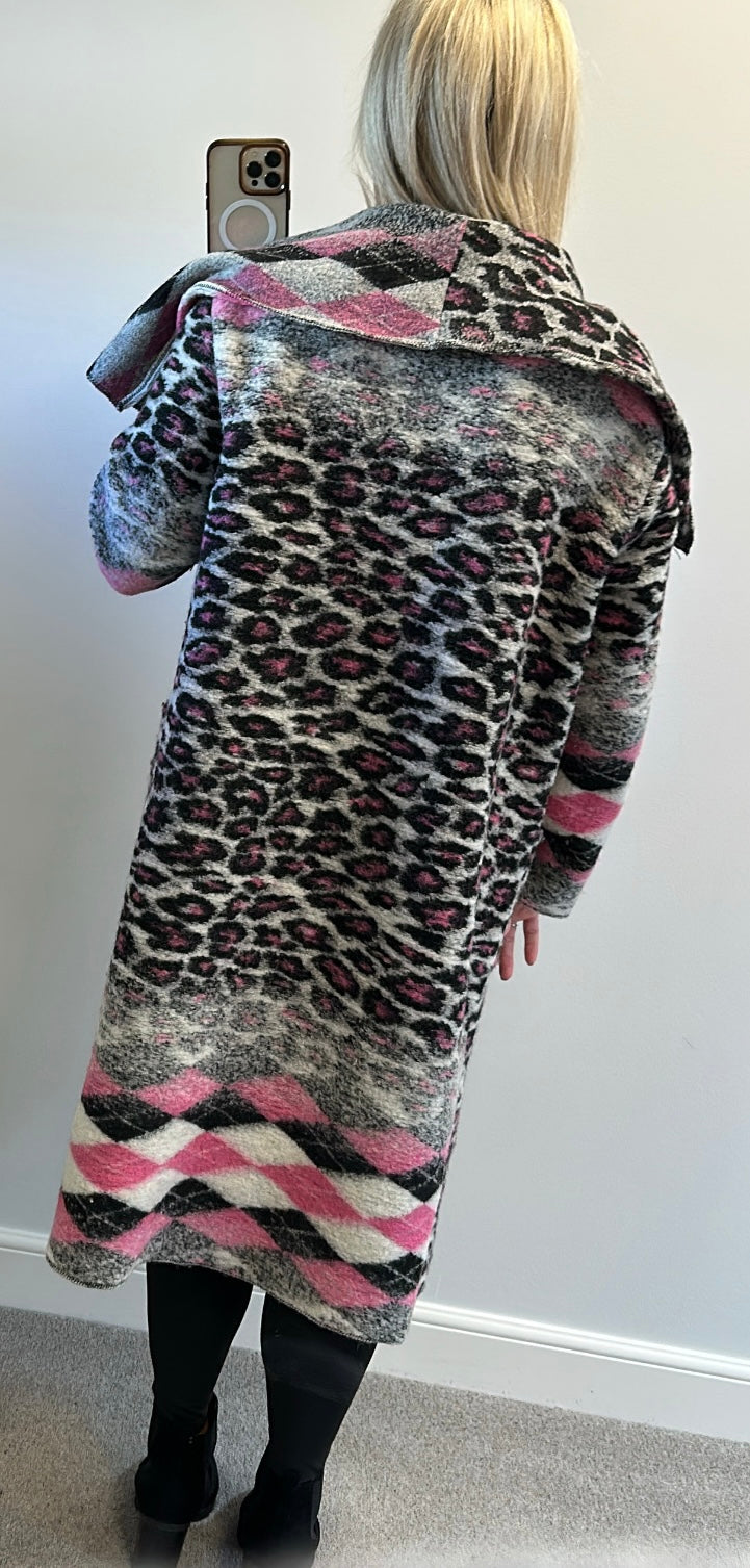 Black / grey / pink print cardigan one size fitting upto size 20