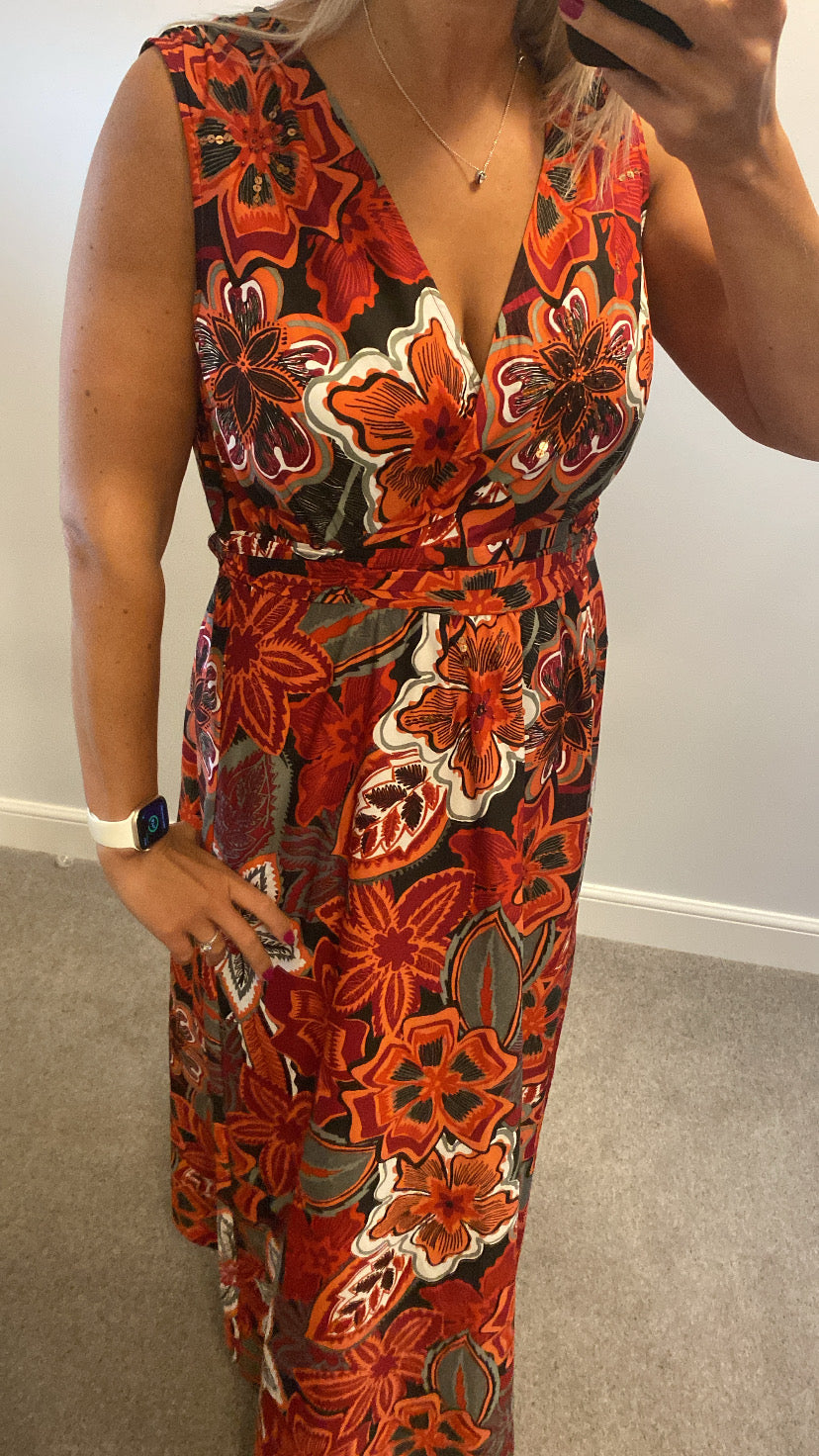 The collection orange / burgundy floral print maxi dress size 16