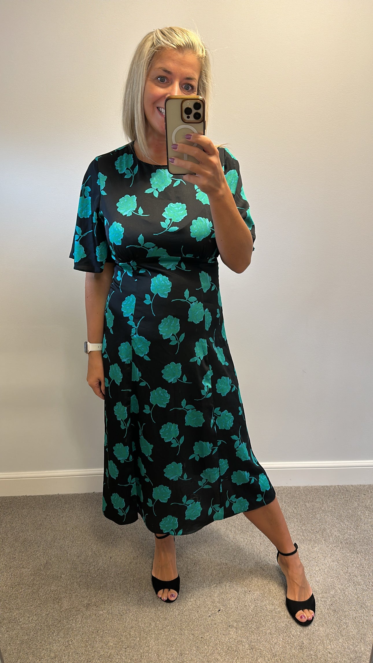 New look black / green floral dress size 14