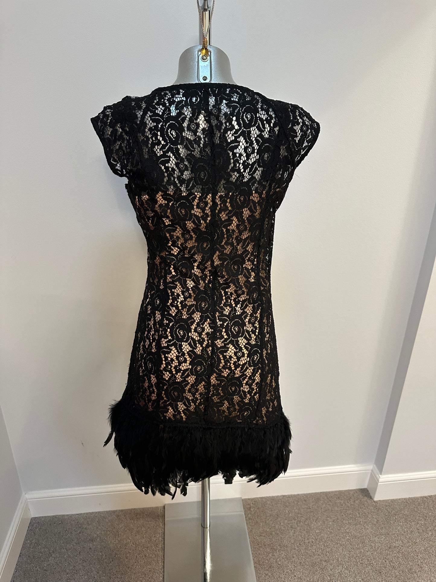 DS black lace feathered hem dress size 6