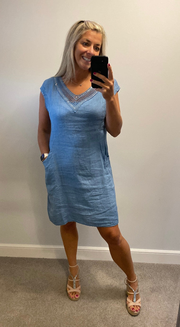 Made in Italy blue sequin dress with pockets one size fitting upto size 16