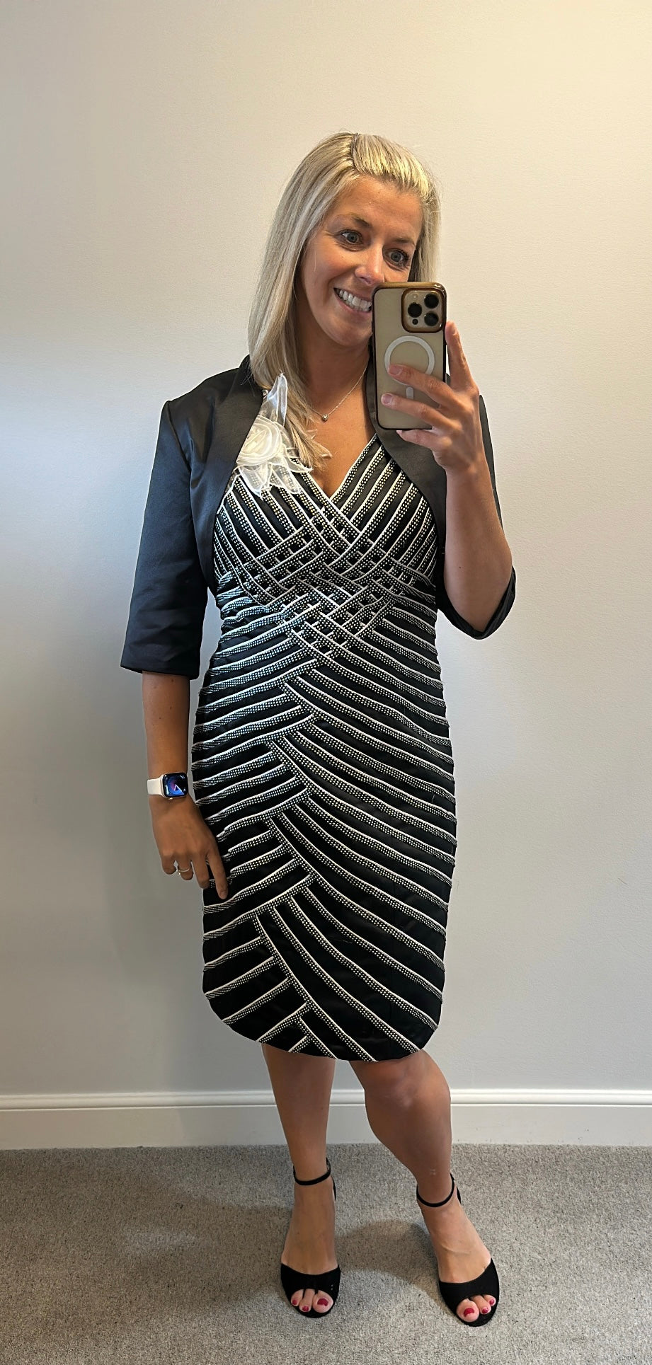 Sonia Pena Black and white stripe dress and jacket size 12 with shawl
