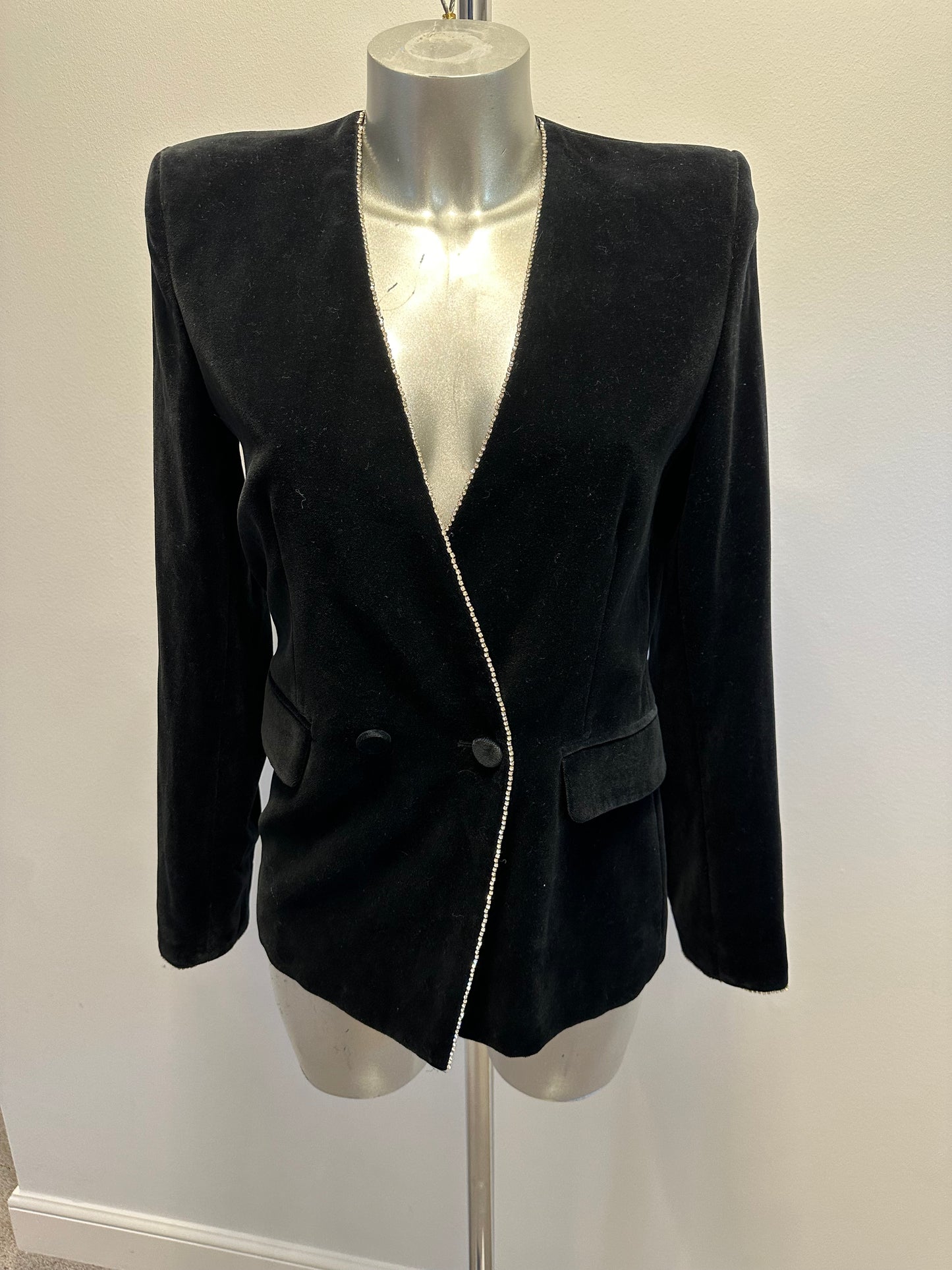 Zara black velvet embellished jacket with shoulder pads size S would fit upto size 10