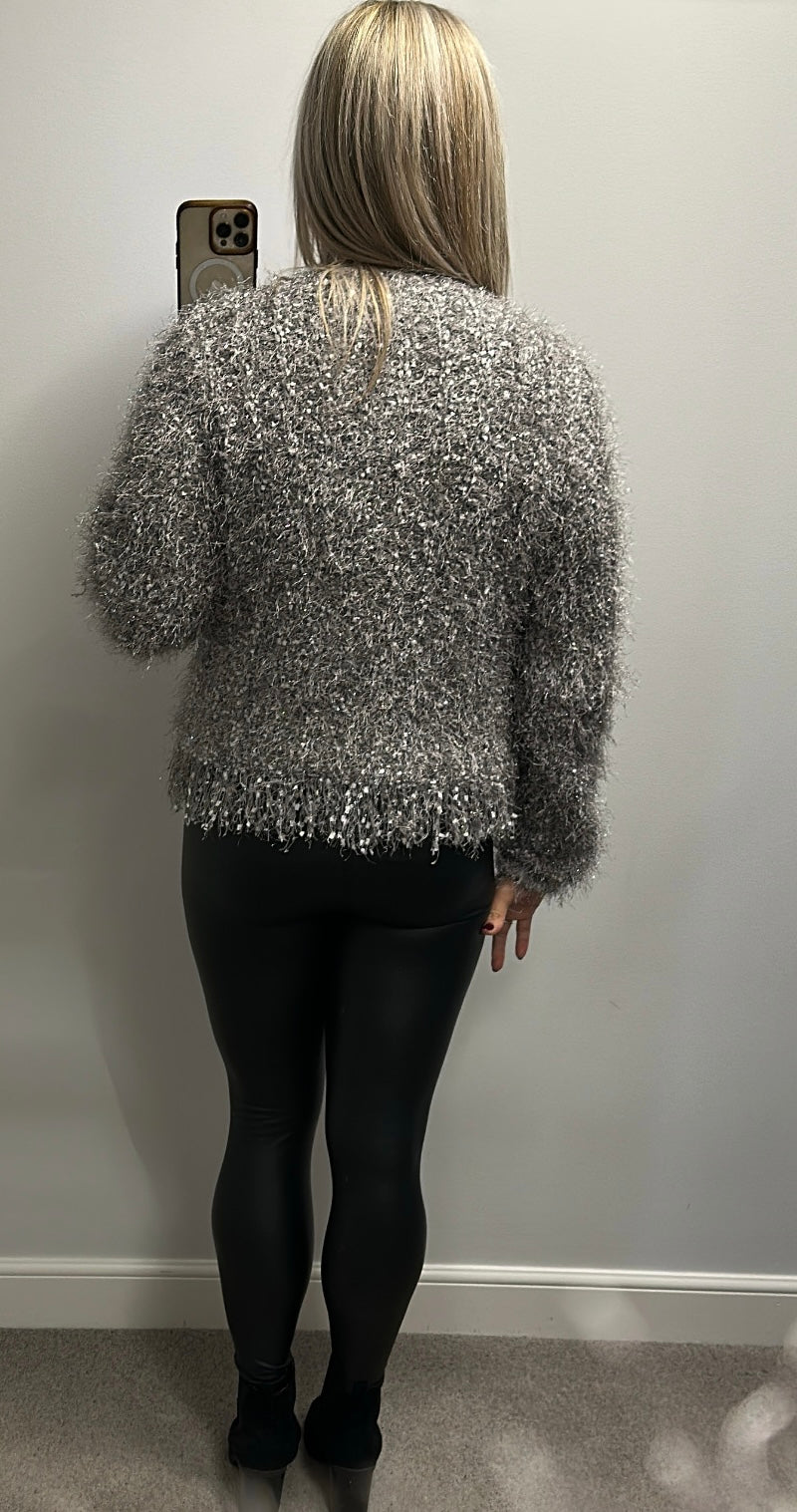 Lipsy grey fluffy shimmer knit jumper / cardigan size 16