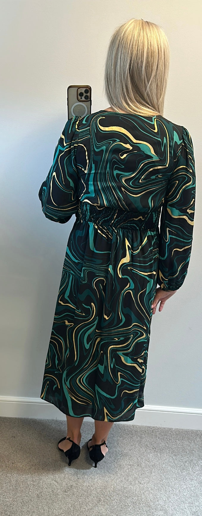 Roman black Emerald green and gold print dress size 12