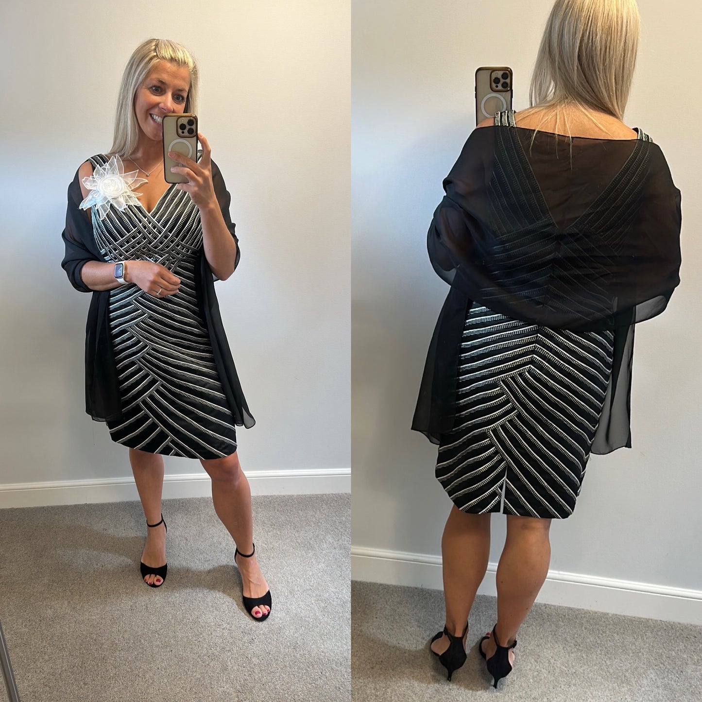 Sonia Pena Black and white stripe dress and jacket size 12 with shawl