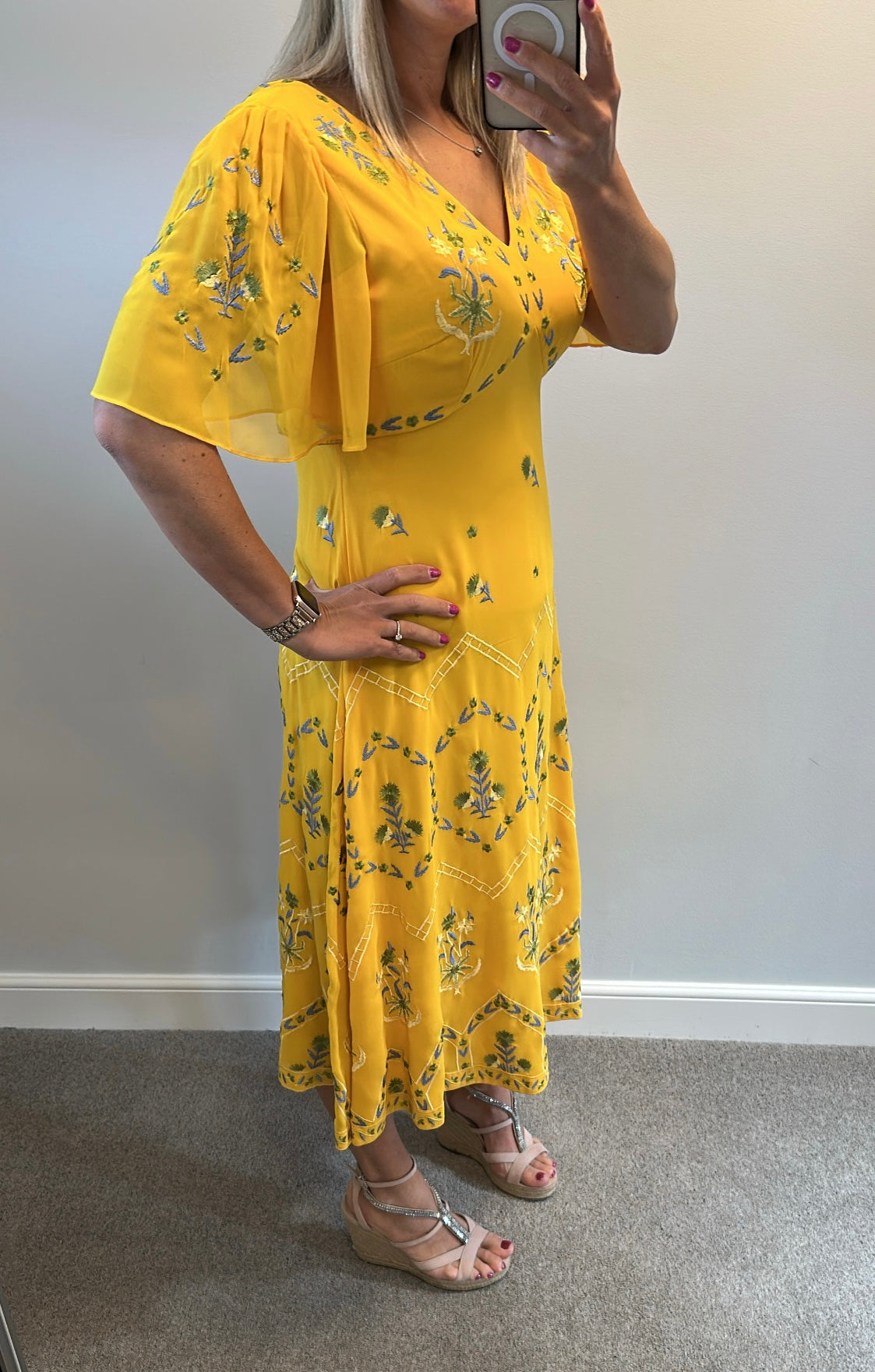 Monsoon yellow embroidered dress size 12