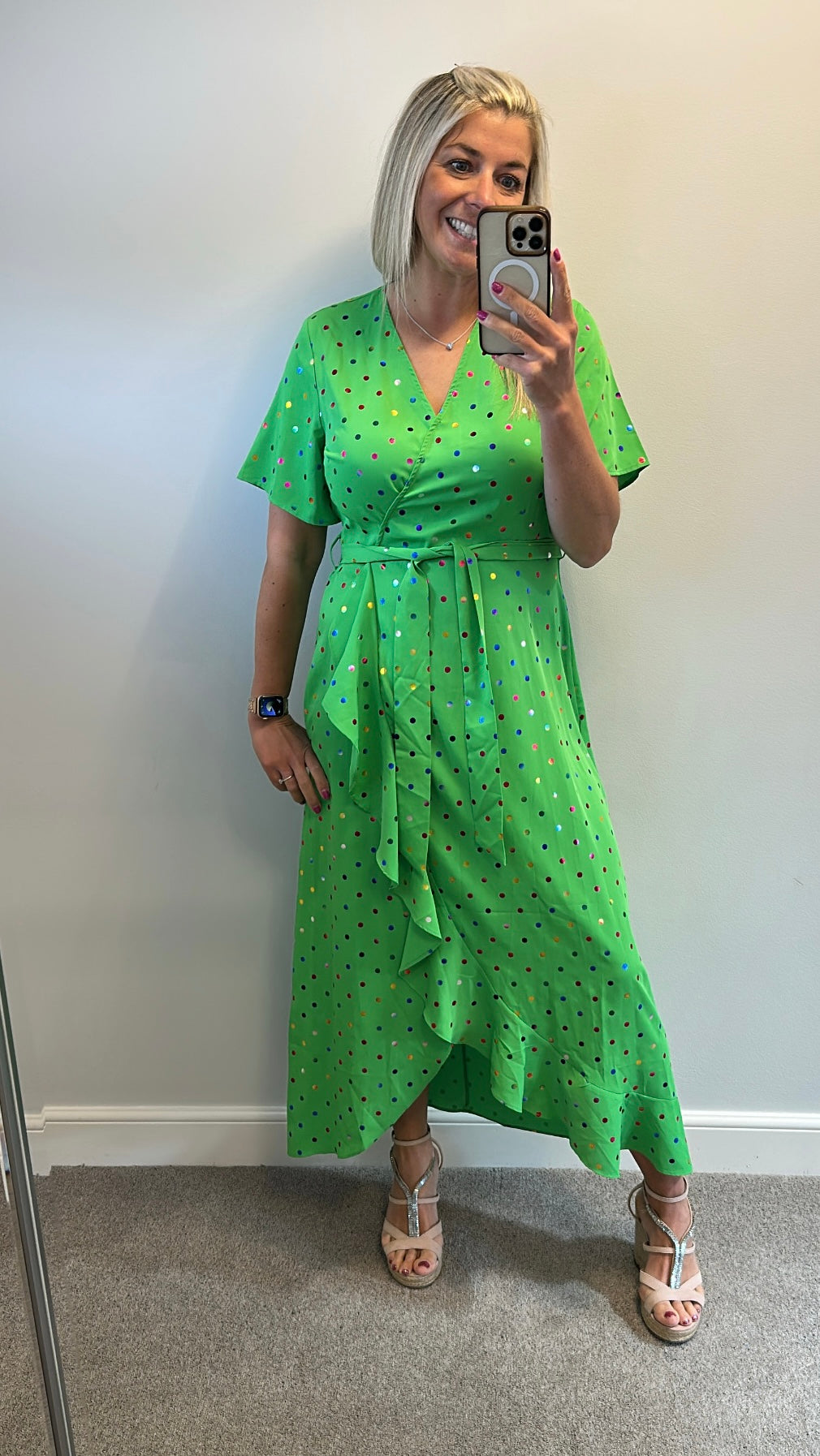 Girl in mind green polkadot dress size 12
