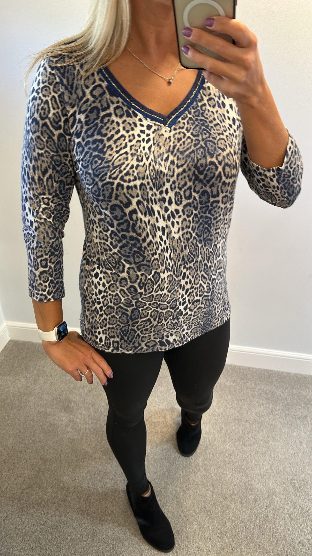 Bianca navy animal print jumper would fit upto size 16