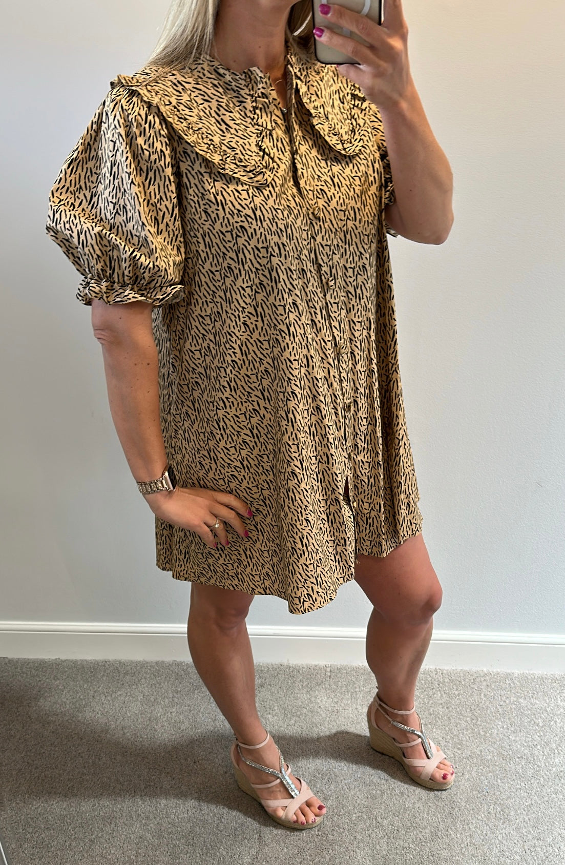 River Island beige print dress would fit up to size 14