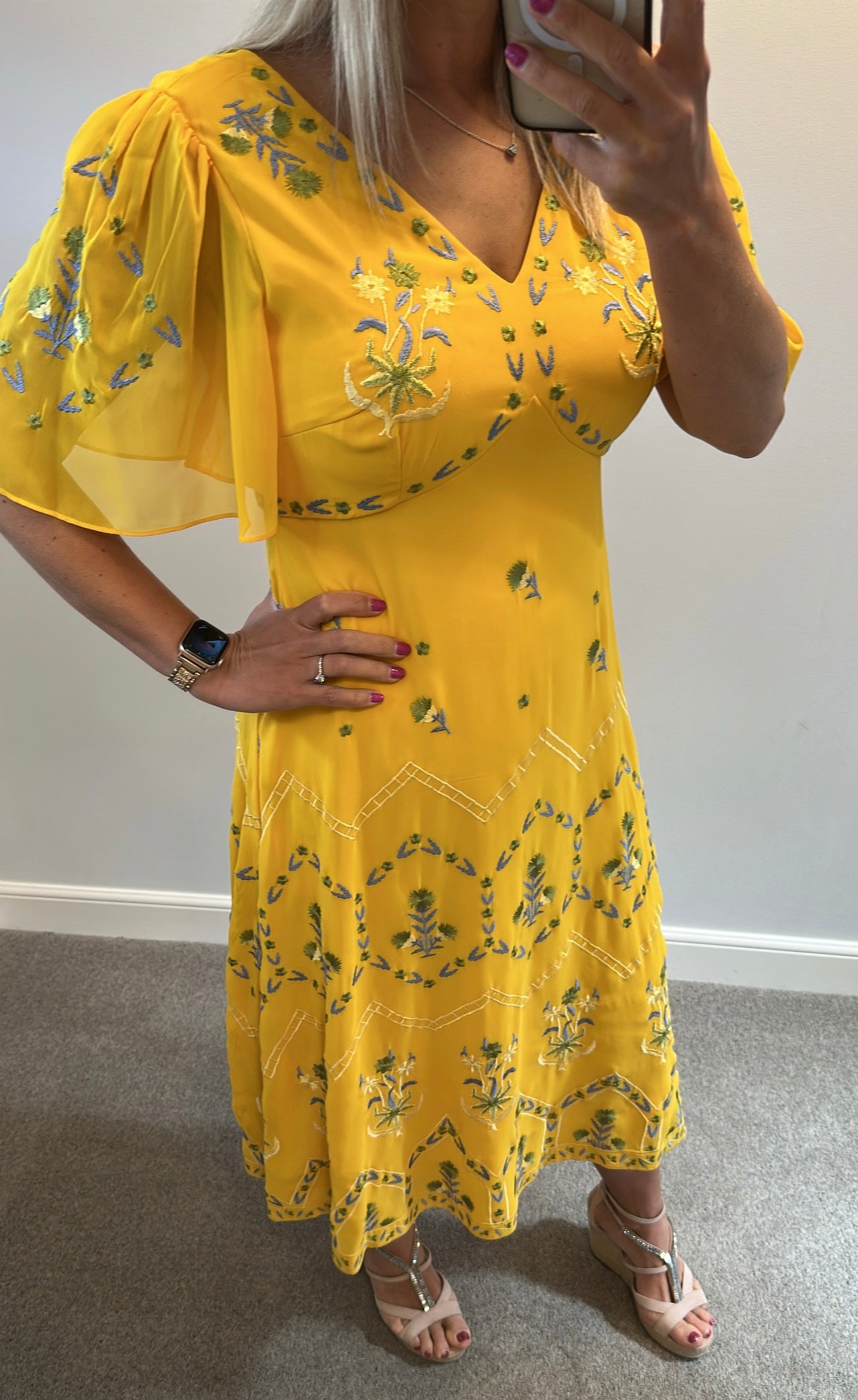 Monsoon yellow embroidered dress size 12
