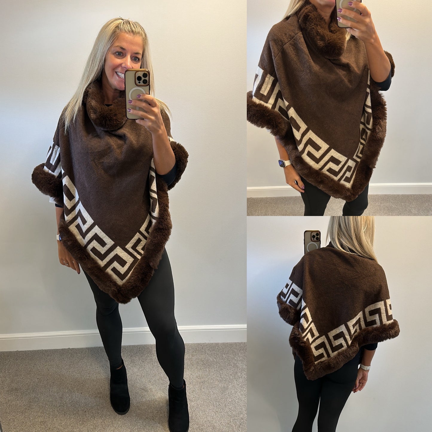 Brown print soft faux fur poncho brand new with tags