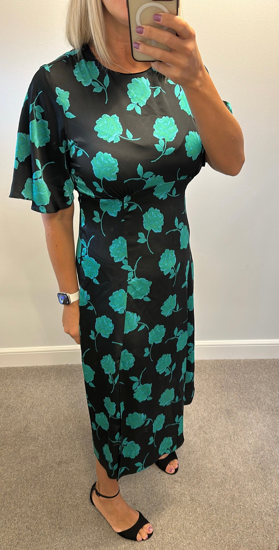 New look black / green floral dress size 14