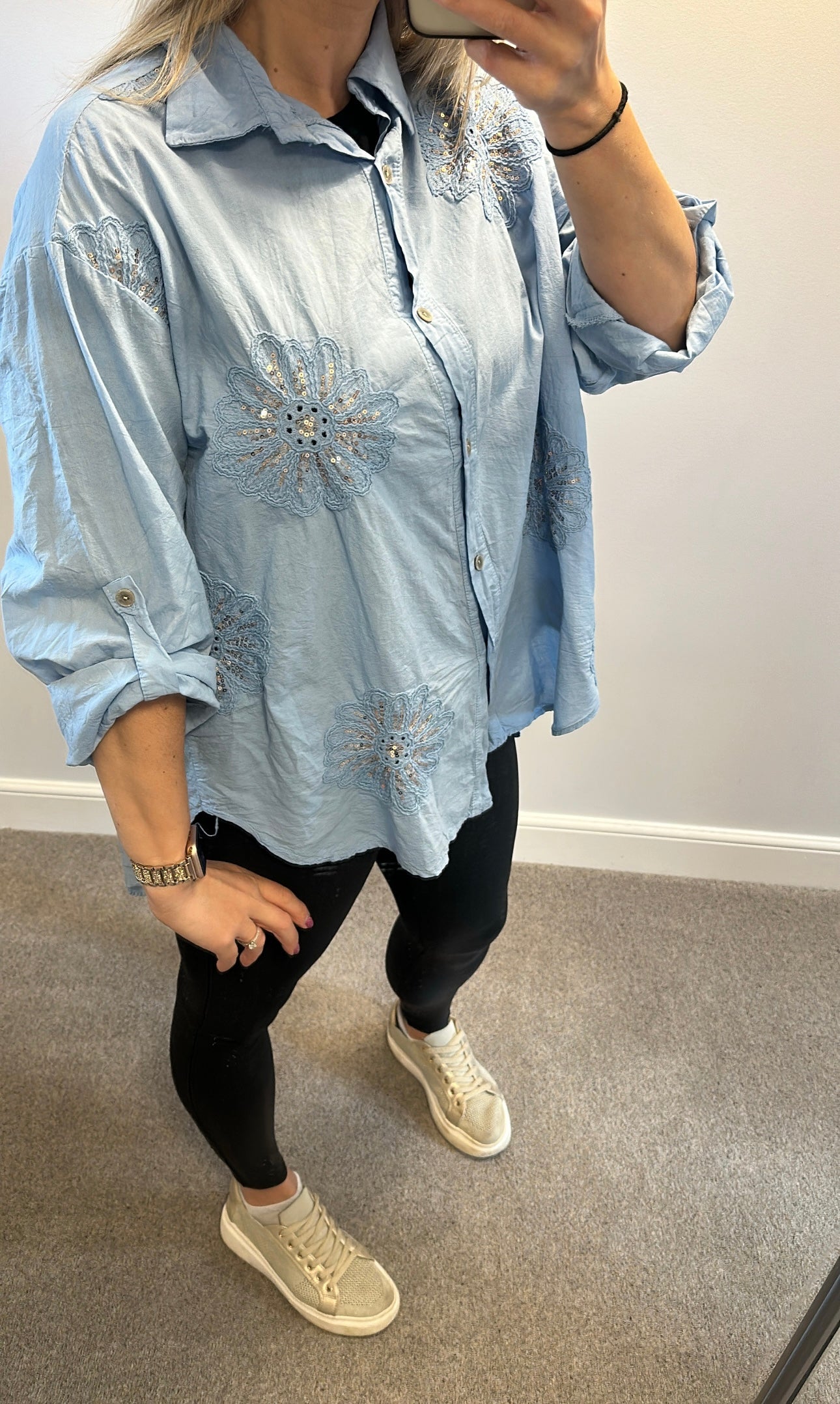 New collection blue sequin flower shirt onesize fitting upto size 18 brand new with tags
