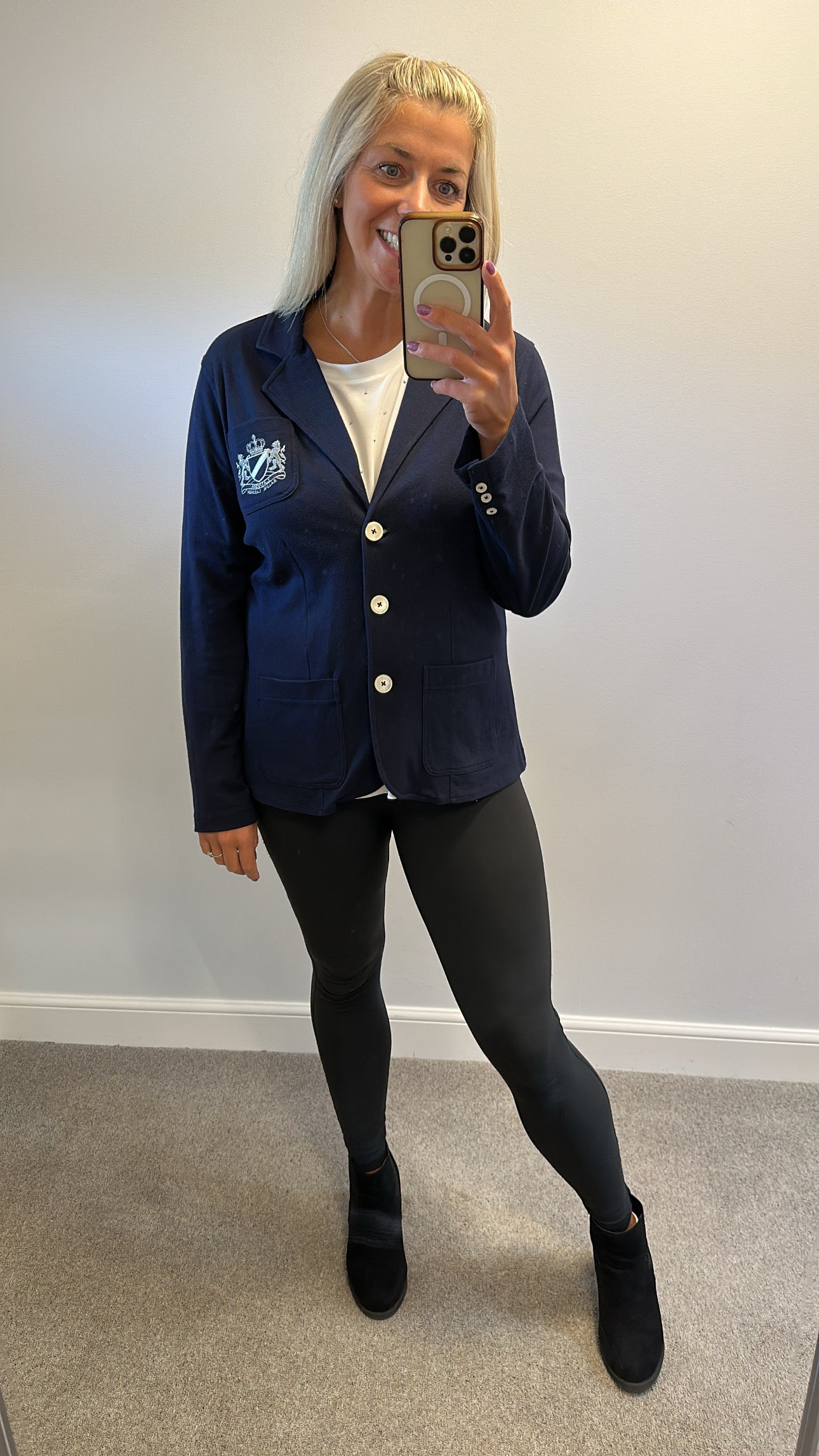 Ralph Lauren navy blazer size L would fit upto size 16