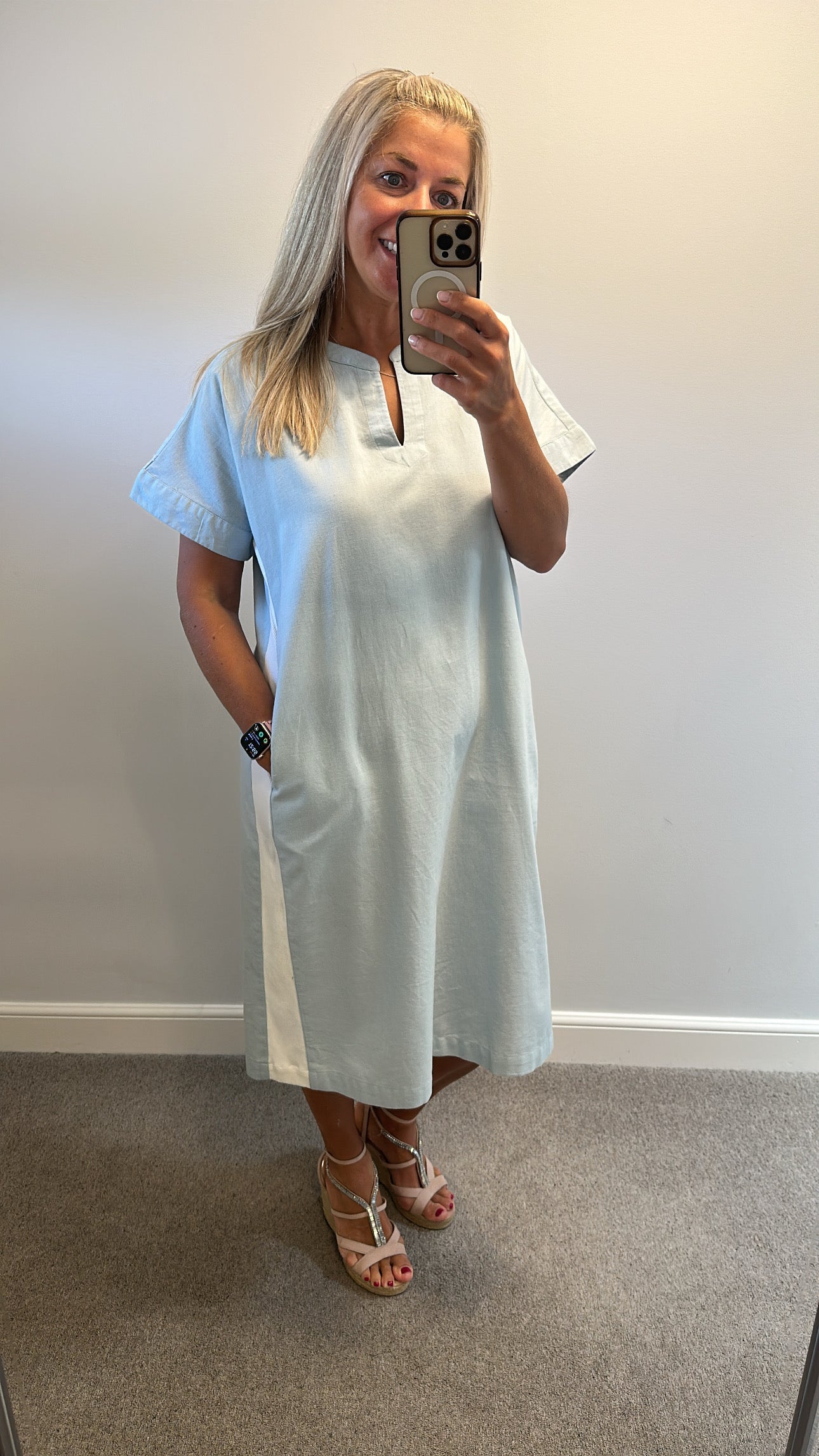 Alice Collins cotton / linen light blue midi dress with side stripe size 16